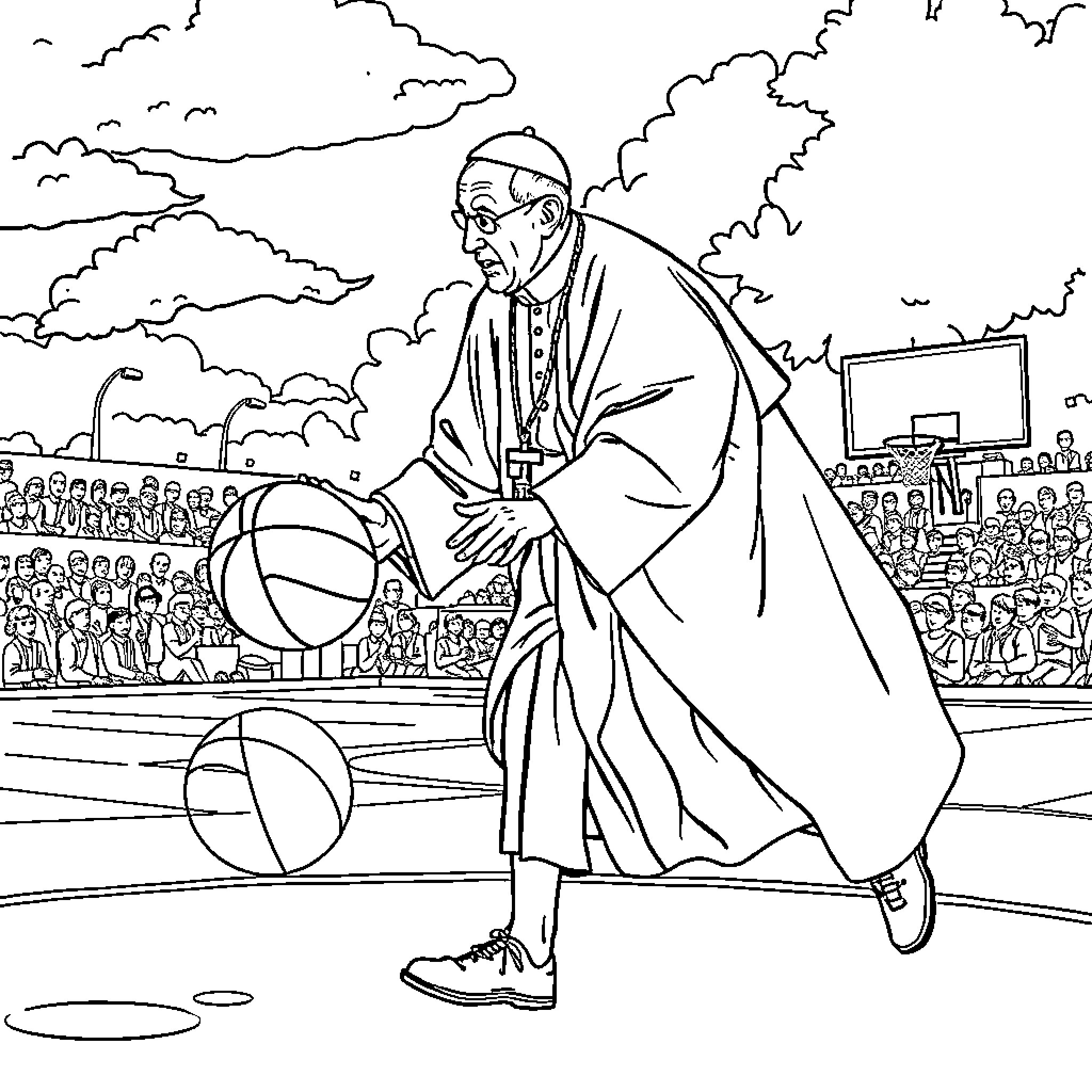 Pope interacting with crowd and playing with a ball Coloring Page (free black-and-white line drawing printable PDF for all, from beginners to advanced learners, including children, teens, adults, and seniors)