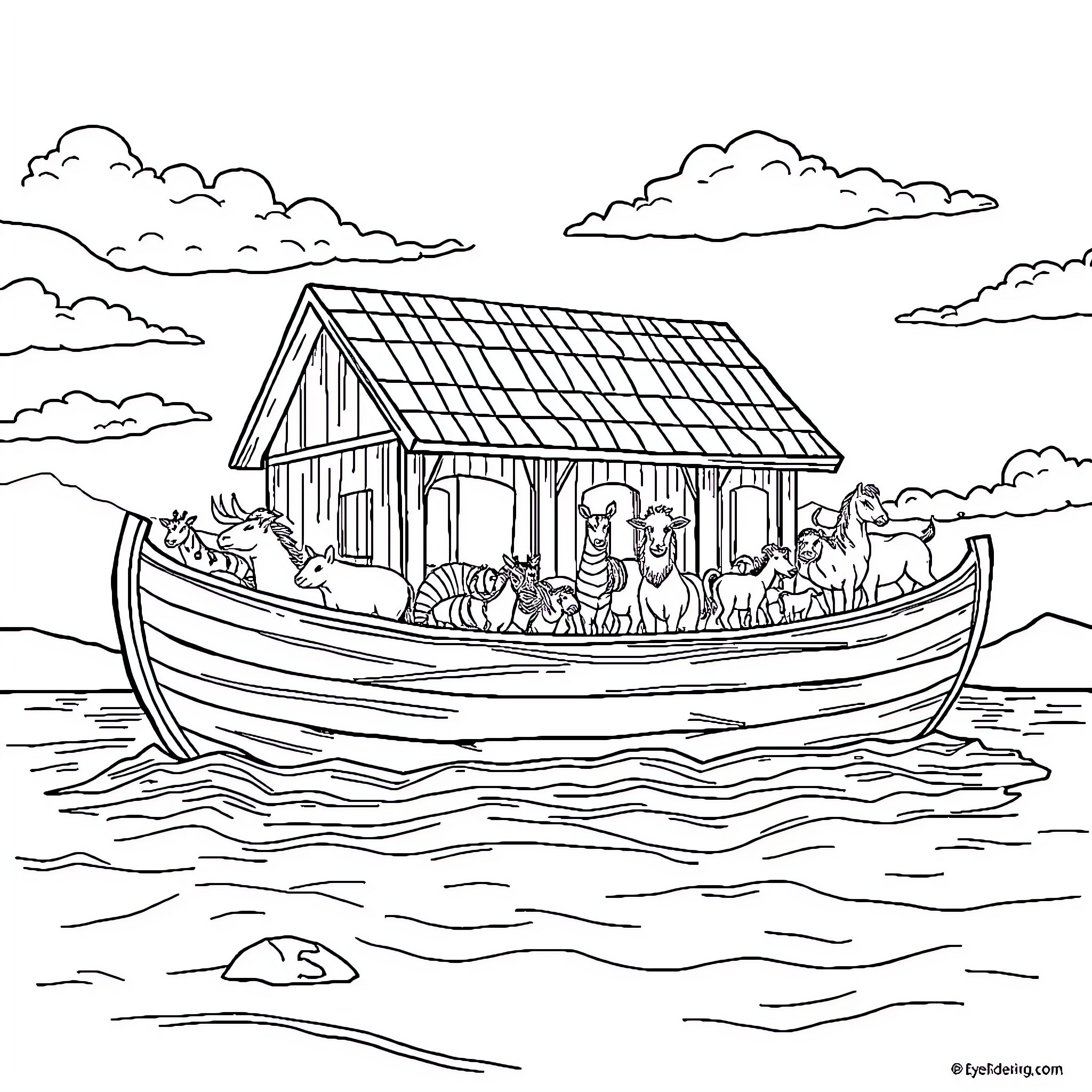 Noah's Ark with diverse animals and figures Coloring Page (free black-and-white line drawing printable PDF for all, from beginners to advanced learners, including children, teens, adults, and seniors)