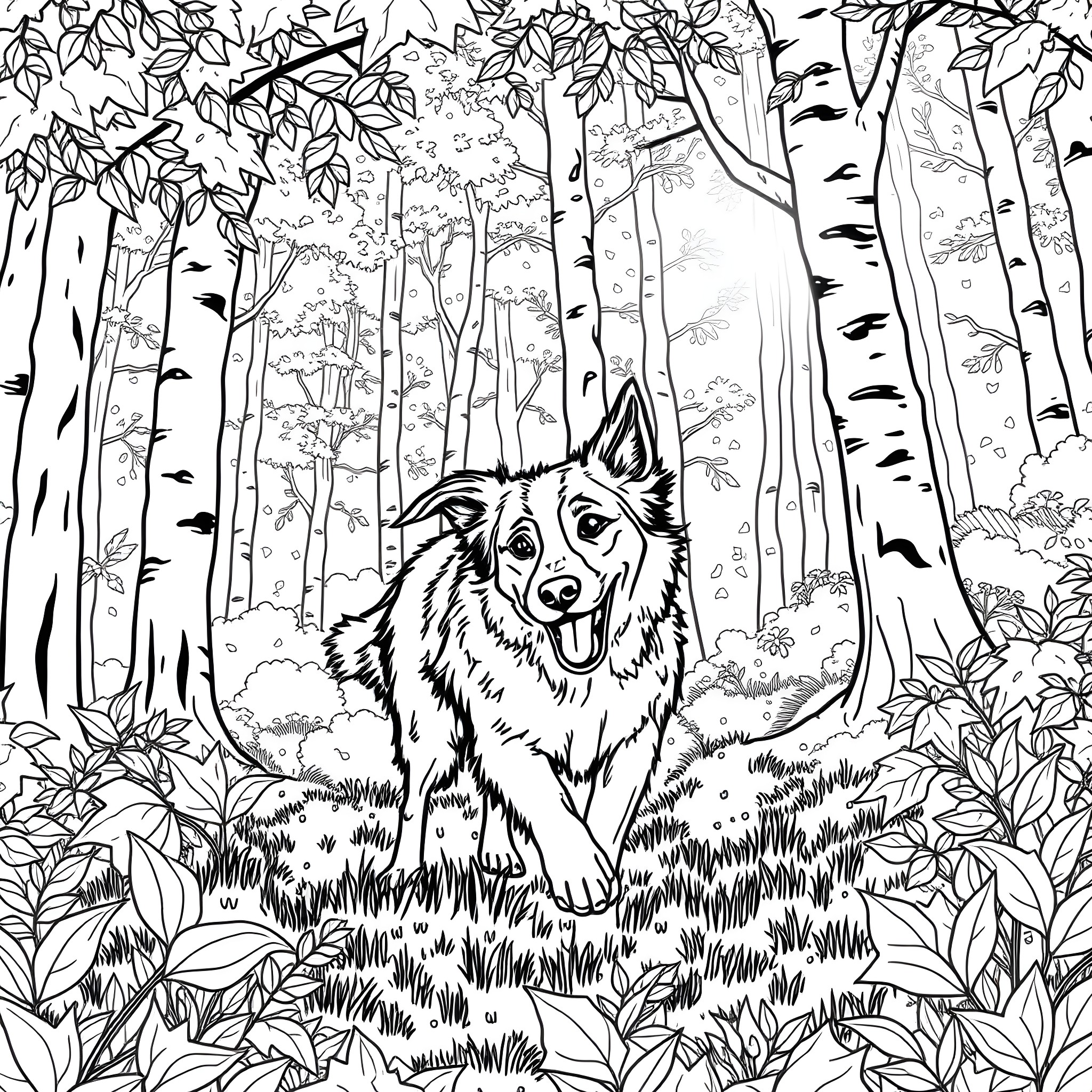 Border Collie exploring the enchanted forest Coloring Page (free black-and-white line drawing printable PDF for all, from beginners to advanced learners, including children, teens, adults, and seniors)