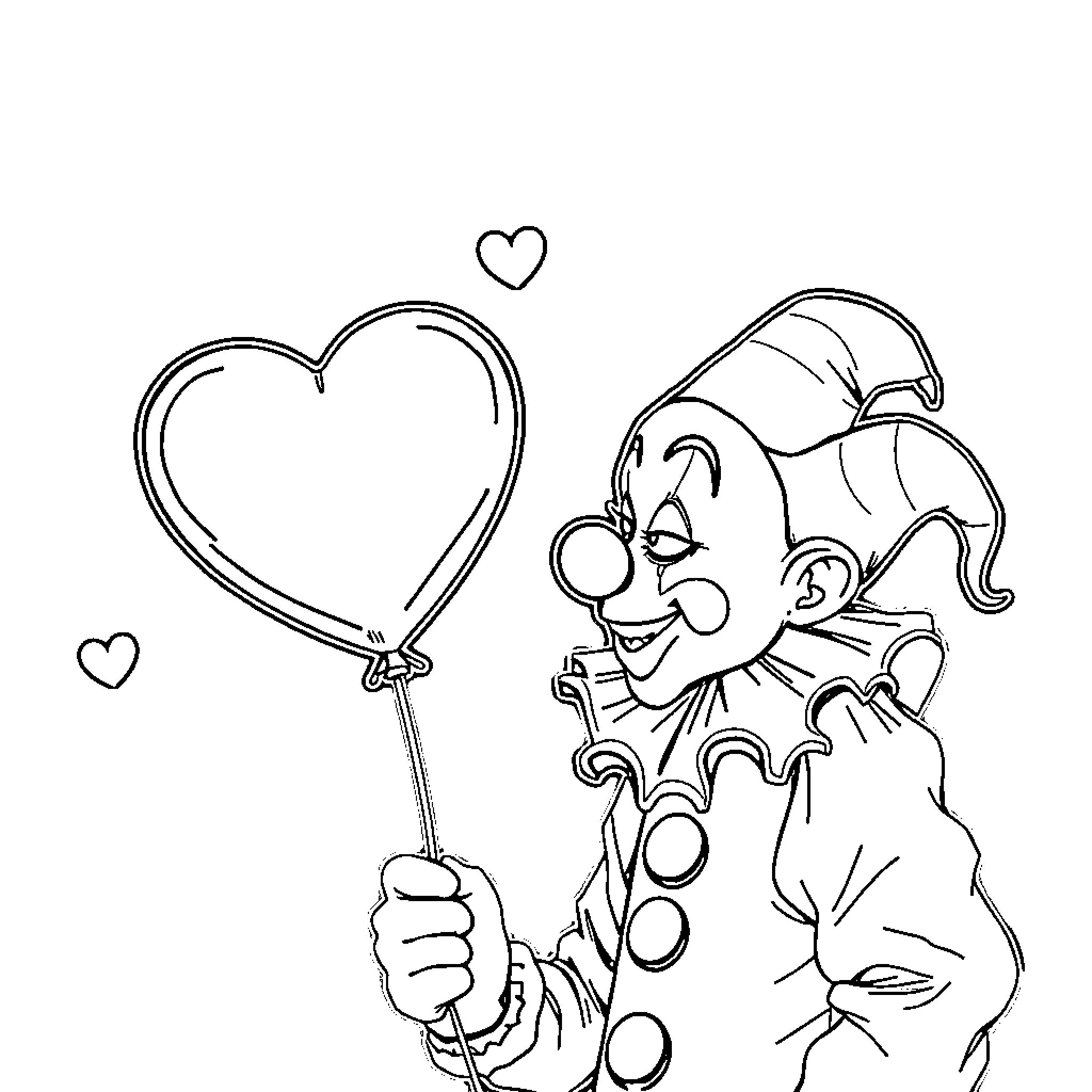 Art The Clown Holding Heart-Shaped Balloons Coloring Page (free black-and-white line drawing printable PDF for all, from beginners to advanced learners, including children, teens, adults, and seniors)