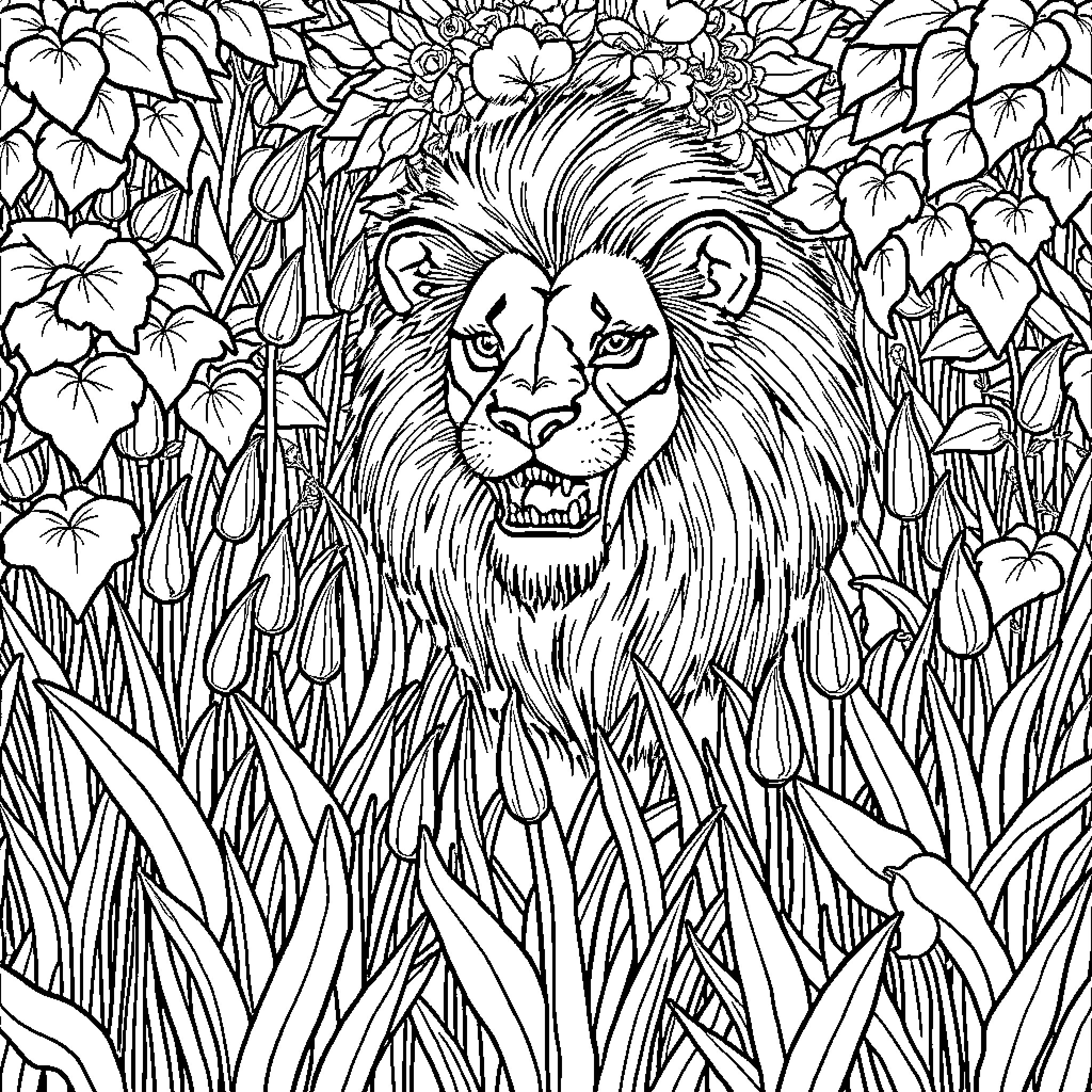 Dandelion meadow with a majestic lion Coloring Page (free black-and-white line drawing printable PDF for all, from beginners to advanced learners, including children, teens, adults, and seniors)