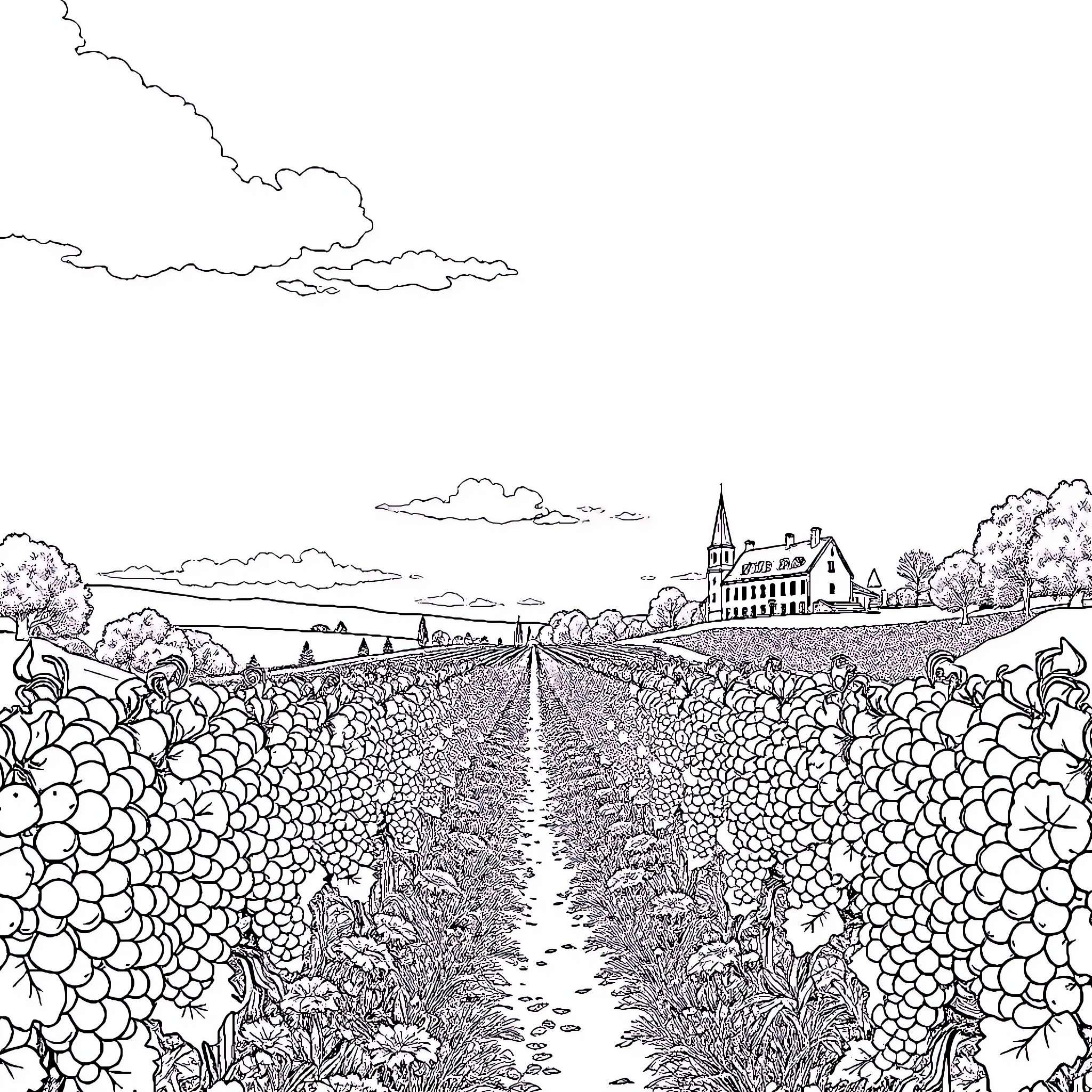 Domaine Saint Aubin: Idyllic Countryside Landscape Coloring Page (free black-and-white line drawing printable PDF for all, from beginners to advanced learners, including children, teens, adults, and seniors)