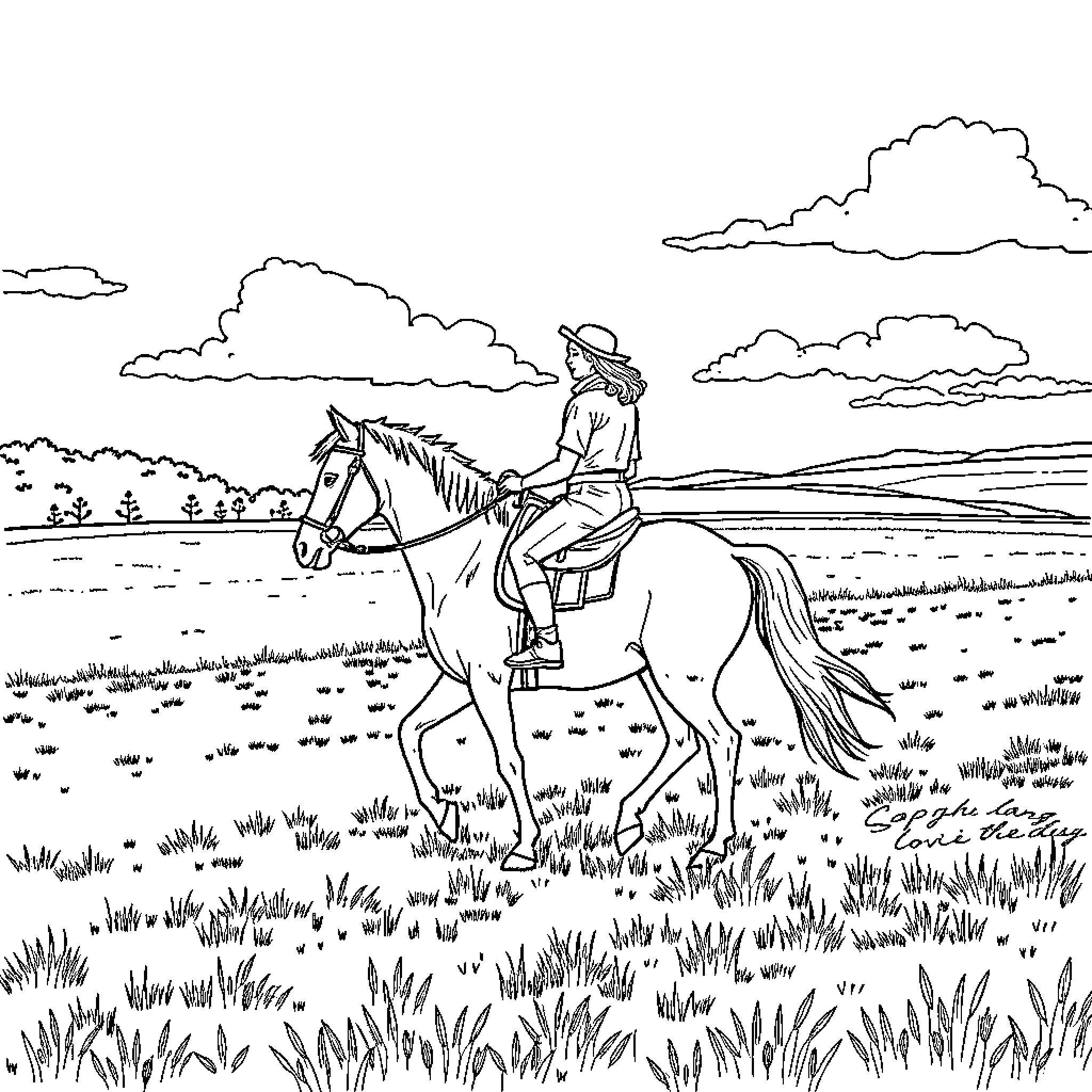 Horse and Rider Enjoying Scenic Landscape Coloring Page (free black-and-white line drawing printable PDF for all, from beginners to advanced learners, including children, teens, adults, and seniors)