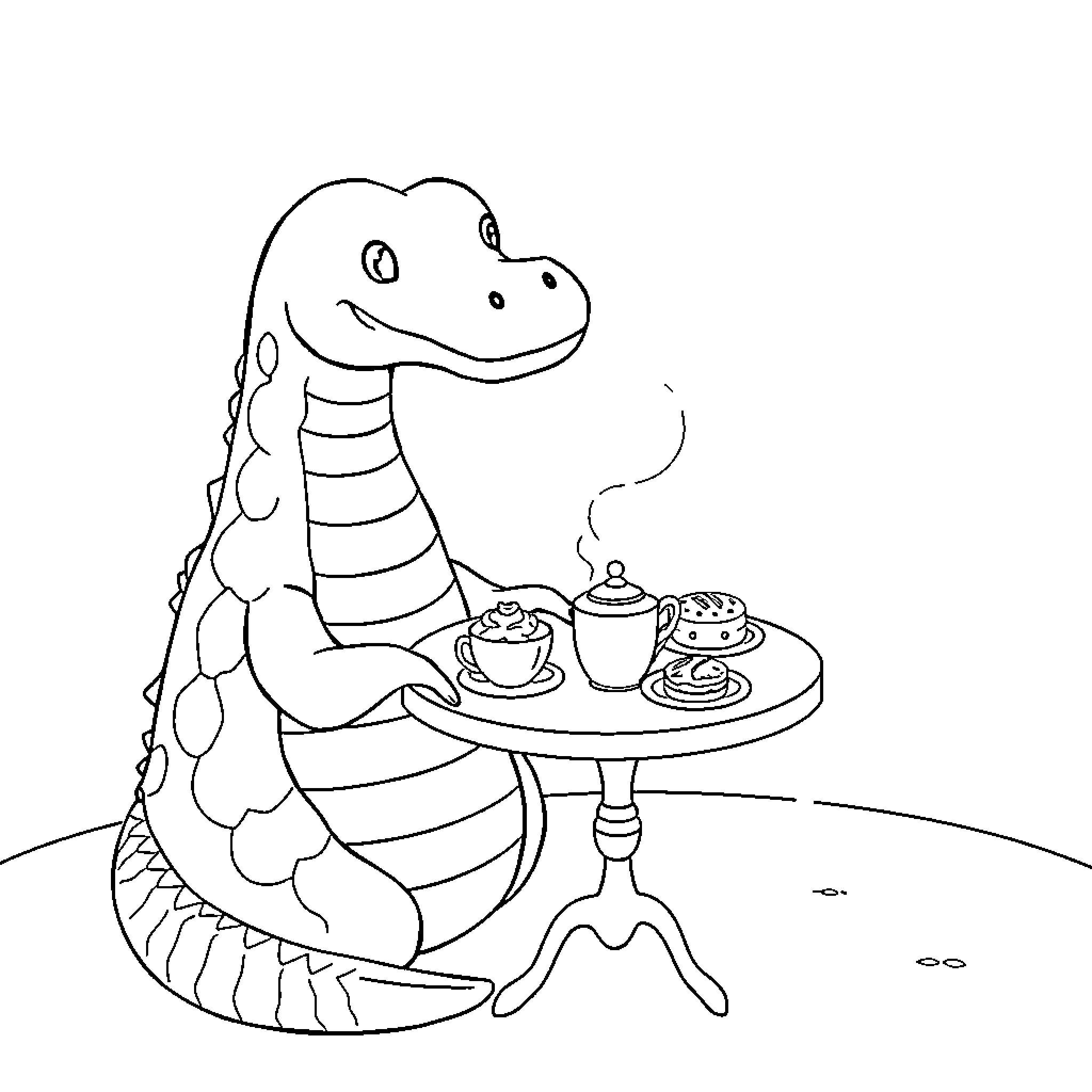Loch Ness Monster enjoys tea and treats Coloring Page (free black-and-white line drawing printable PDF for all, from beginners to advanced learners, including children, teens, adults, and seniors)