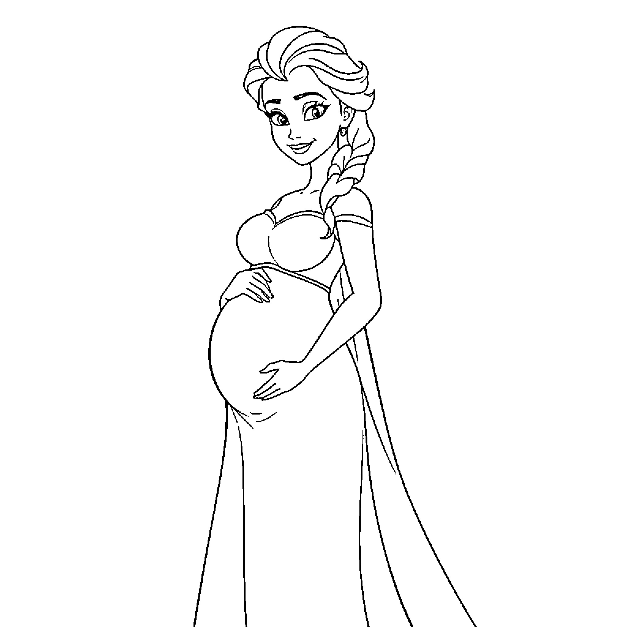 Elsa's Serene Maternity Moment Coloring Page (free black-and-white line drawing printable PDF for all, from beginners to advanced learners, including children, teens, adults, and seniors)