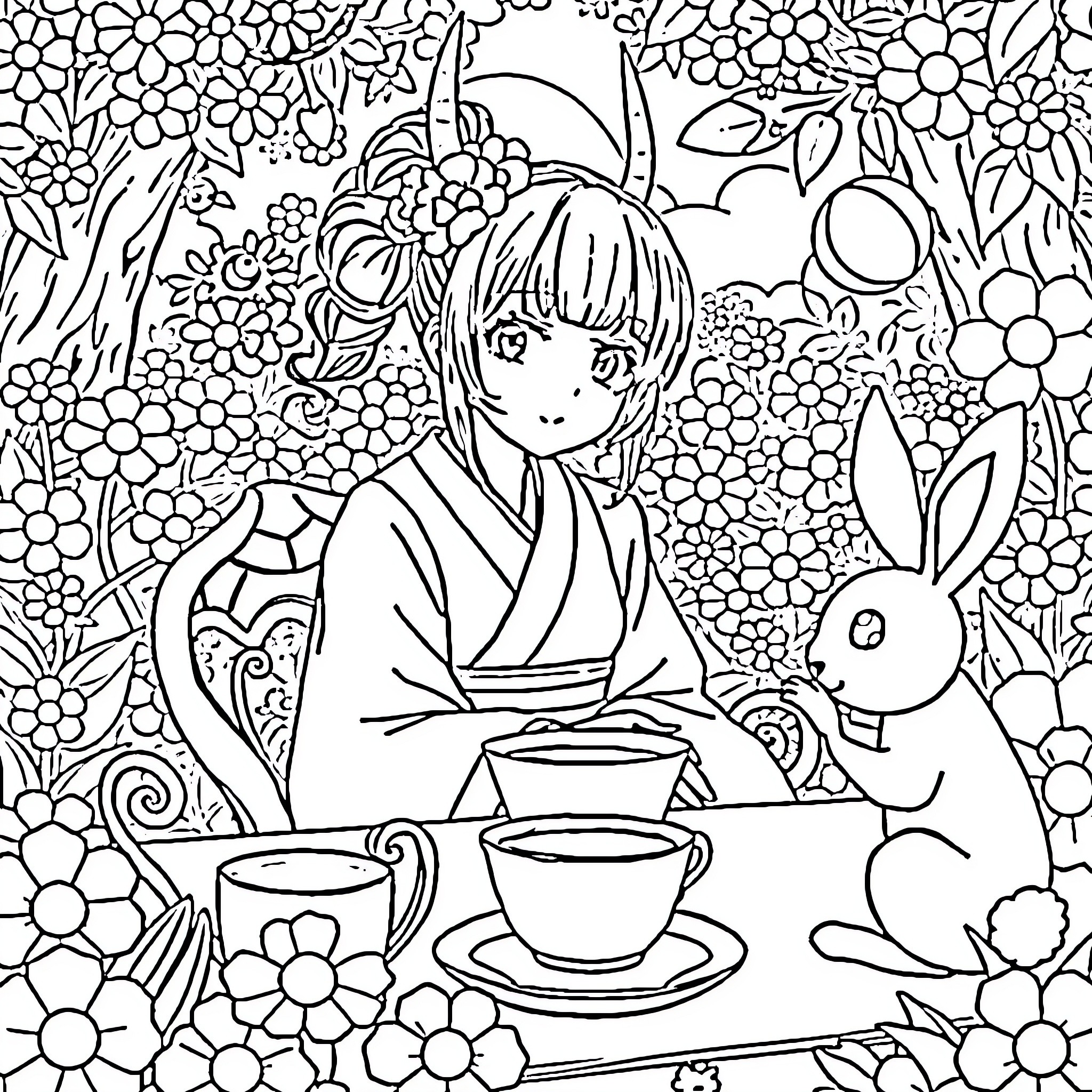 Nezuko enjoying tea with a rabbit in a floral garden Coloring Page (free black-and-white line drawing printable PDF for all, from beginners to advanced learners, including children, teens, adults, and seniors)