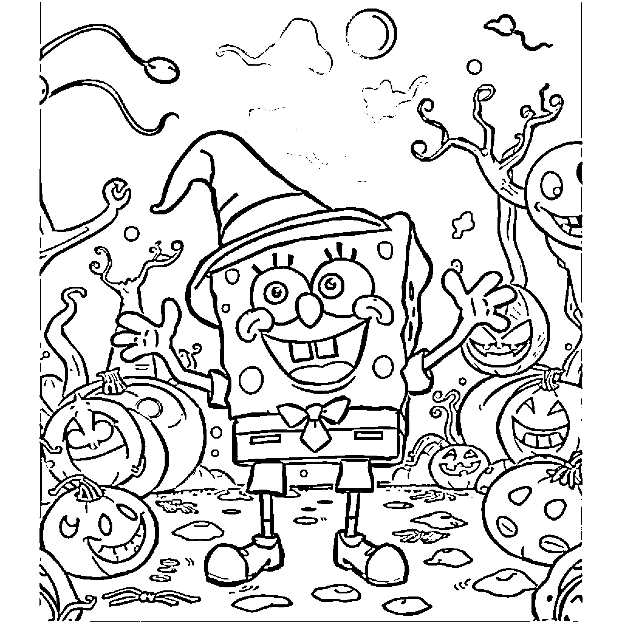 Spongebob and friends celebrate Halloween Coloring Page (free black-and-white line drawing printable PDF for all, from beginners to advanced learners, including children, teens, adults, and seniors)