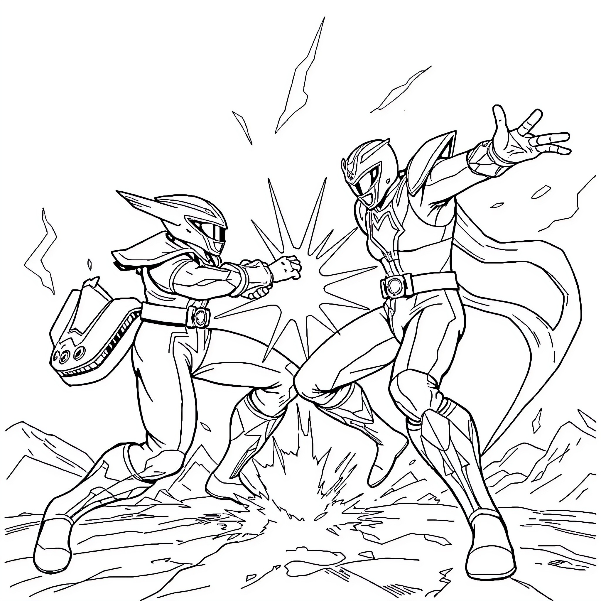 Power Rangers in Epic Battle Pose Coloring Page (free black-and-white line drawing printable PDF for all, from beginners to advanced learners, including children, teens, adults, and seniors)