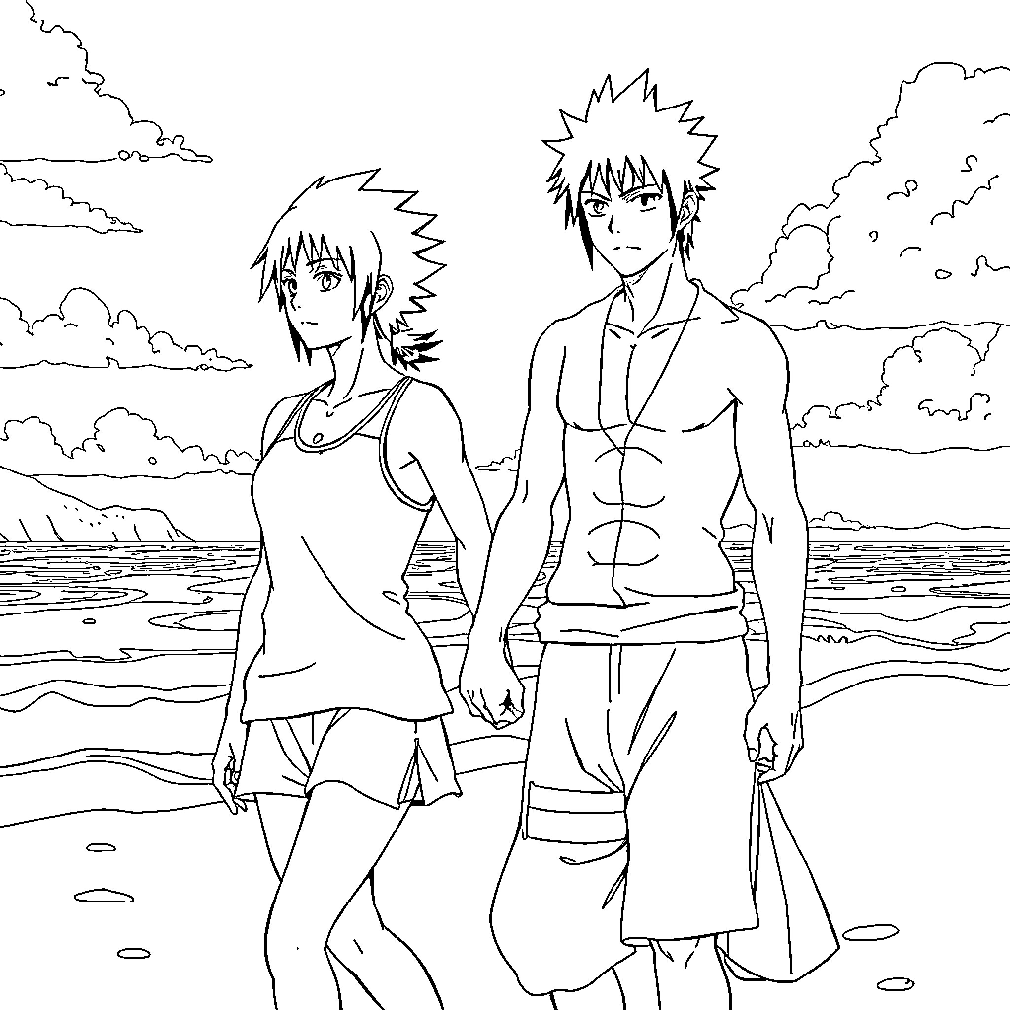 Sasuke and Sakura by the Seaside Coloring Page (free black-and-white line drawing printable PDF for all, from beginners to advanced learners, including children, teens, adults, and seniors)