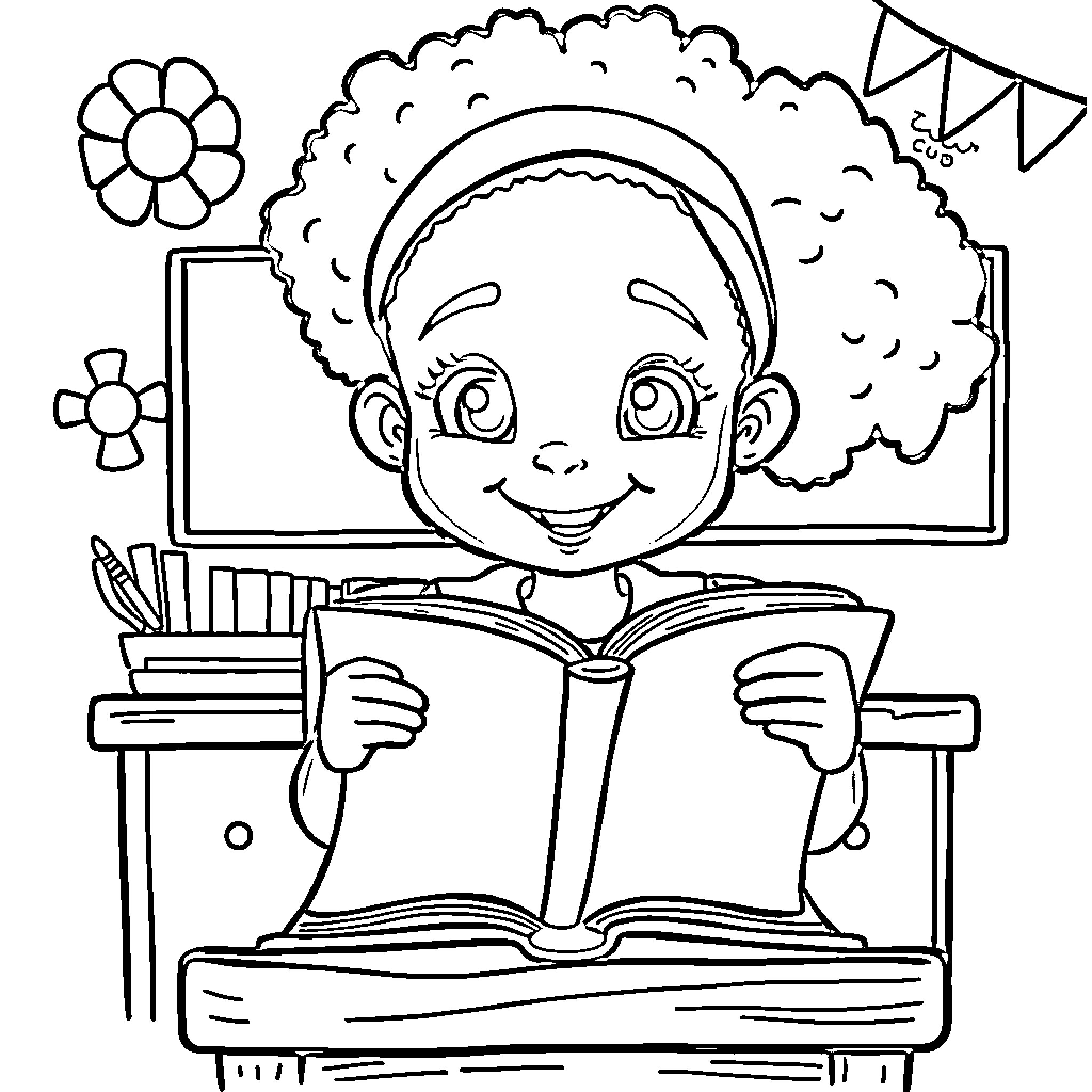 Girl reading a book in a classroom Coloring Page (free black-and-white line drawing printable PDF for all, from beginners to advanced learners, including children, teens, adults, and seniors)