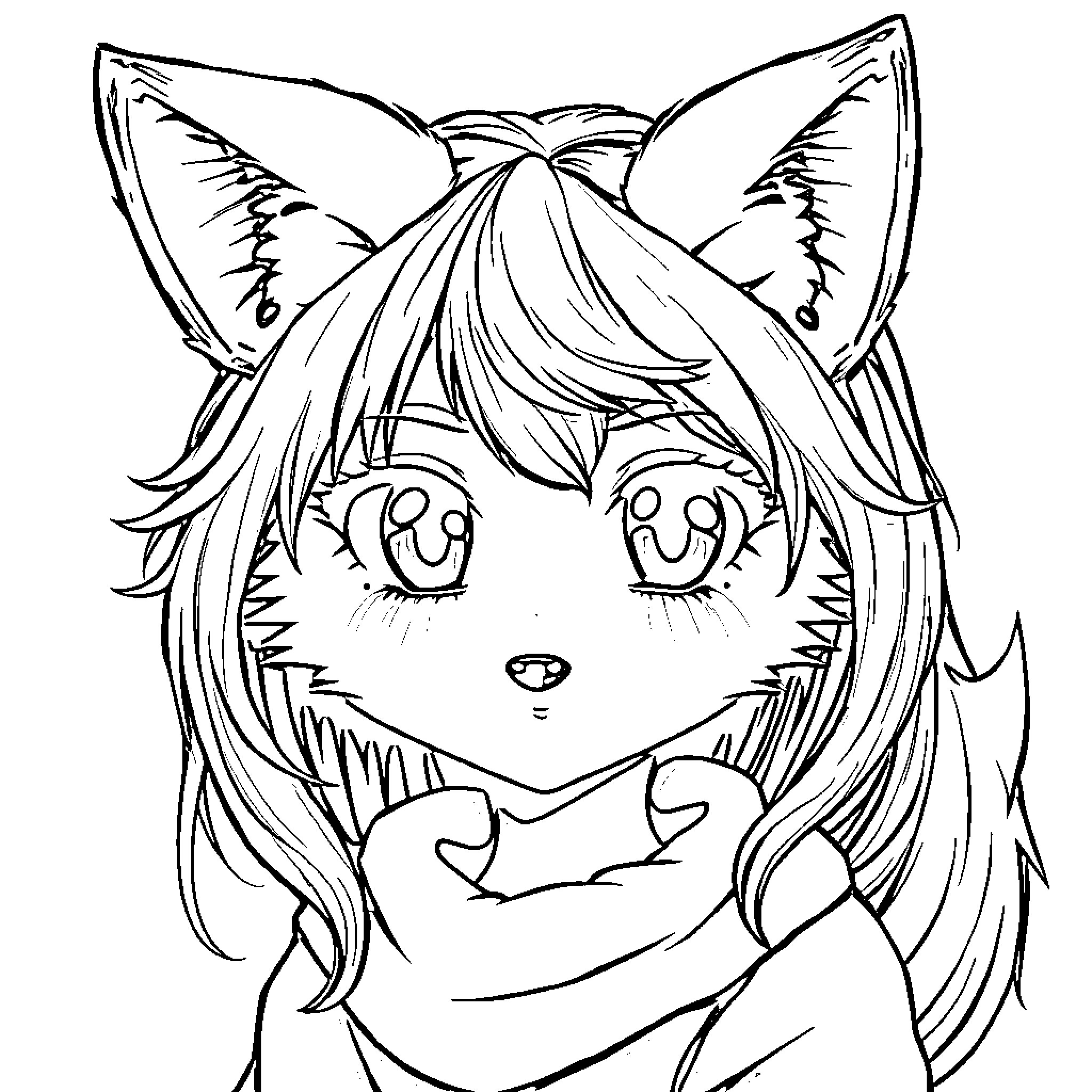 Fox-eared character with an innocent expression Coloring Page (free black-and-white line drawing printable PDF for all, from beginners to advanced learners, including children, teens, adults, and seniors)