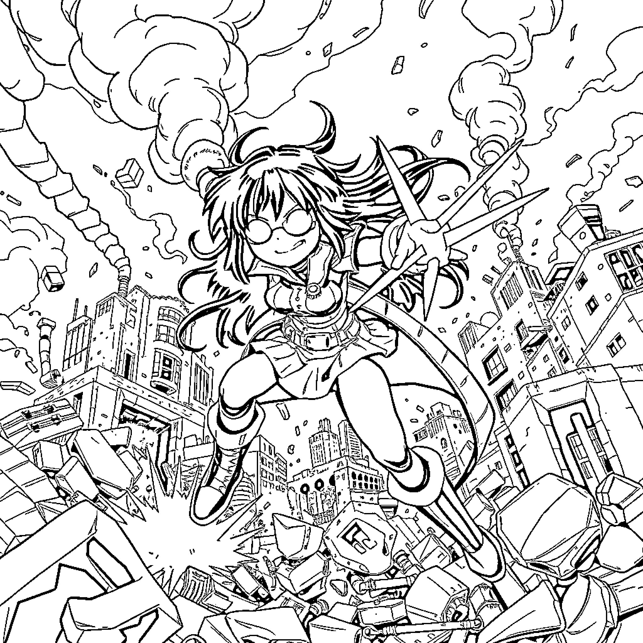 Froppy jumping through a chaotic city scene Coloring Page (free black-and-white line drawing printable PDF for all, from beginners to advanced learners, including children, teens, adults, and seniors)