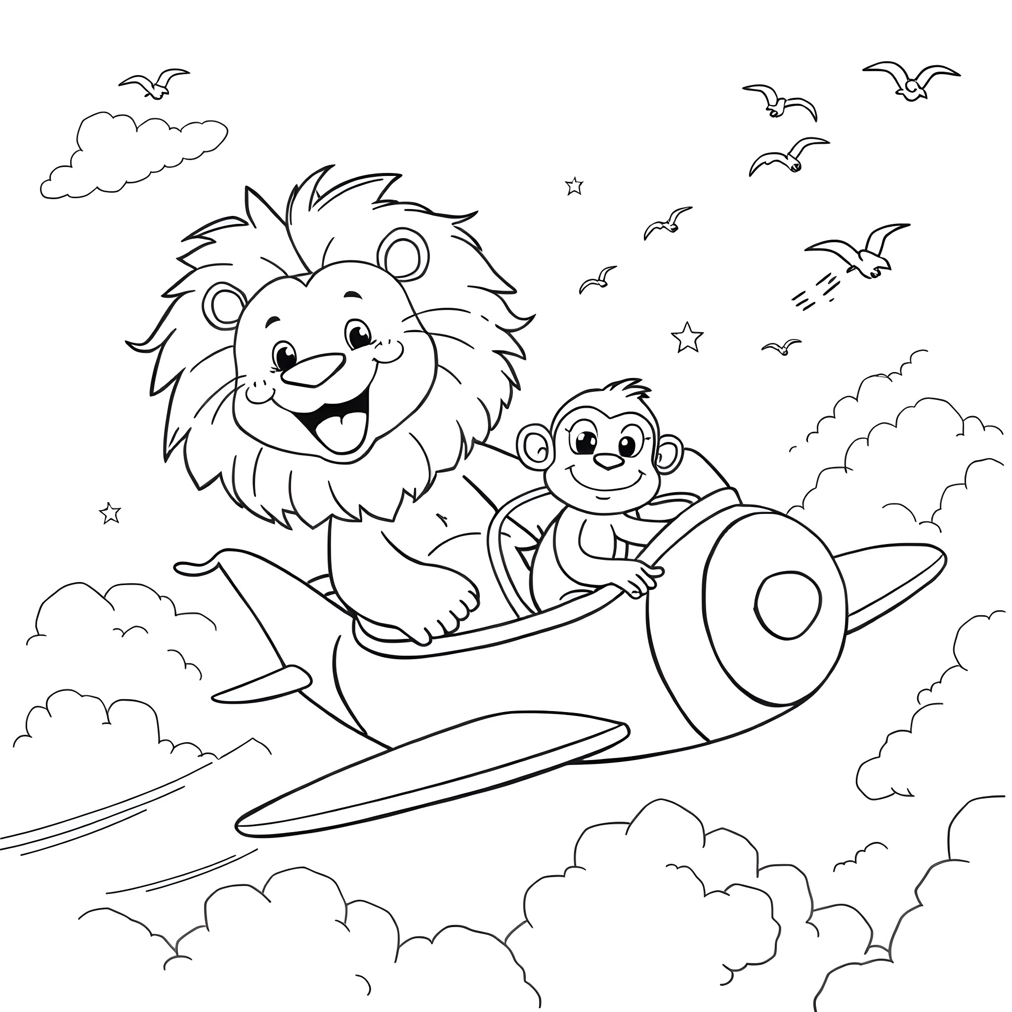 Lion and monkey flying joyfully in a plane Coloring Page (free black-and-white line drawing printable PDF for all, from beginners to advanced learners, including children, teens, adults, and seniors)