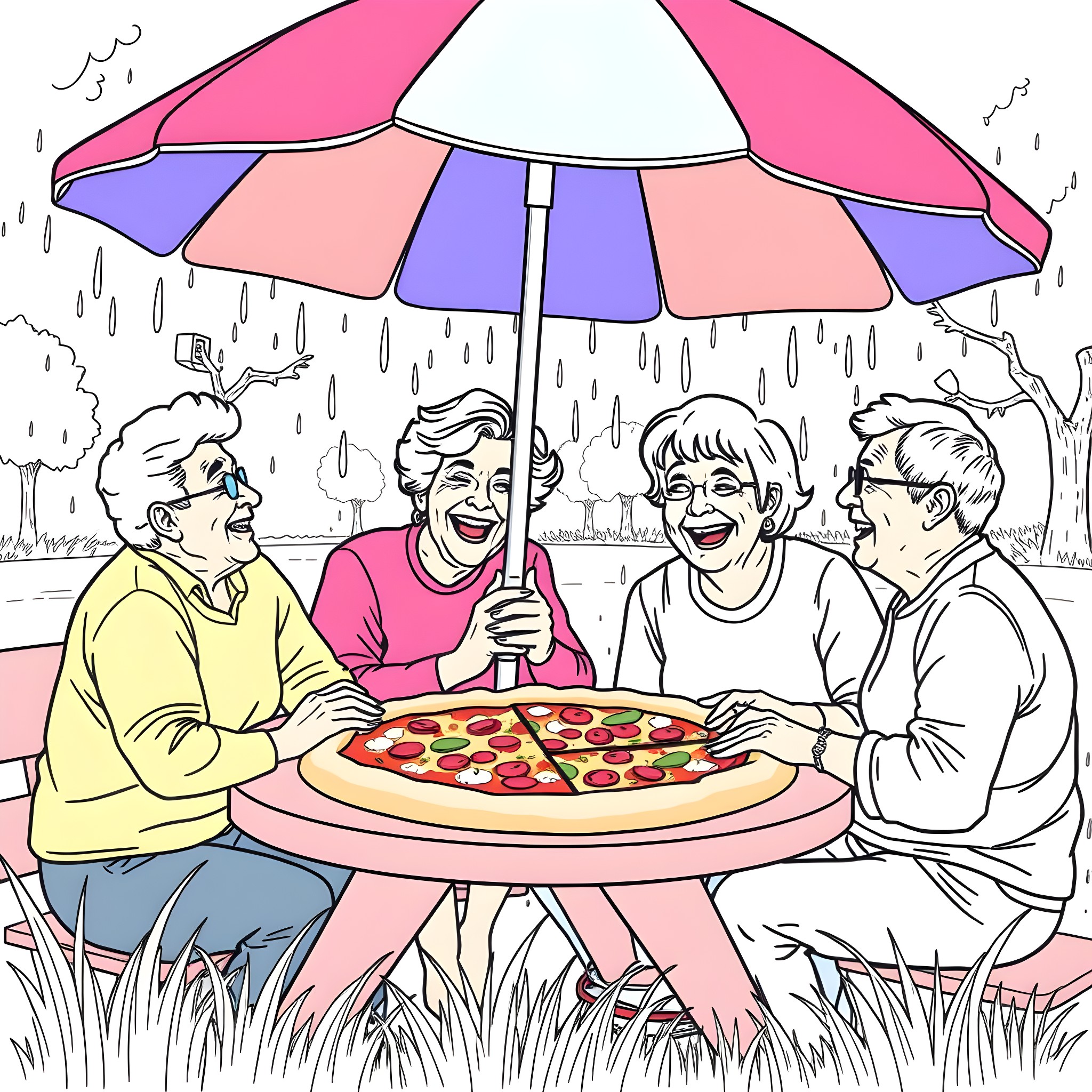 Senior friends enjoying pizza picnic on a rainy day Coloring Page (free black-and-white line drawing printable PDF for all, from beginners to advanced learners, including children, teens, adults, and seniors)
