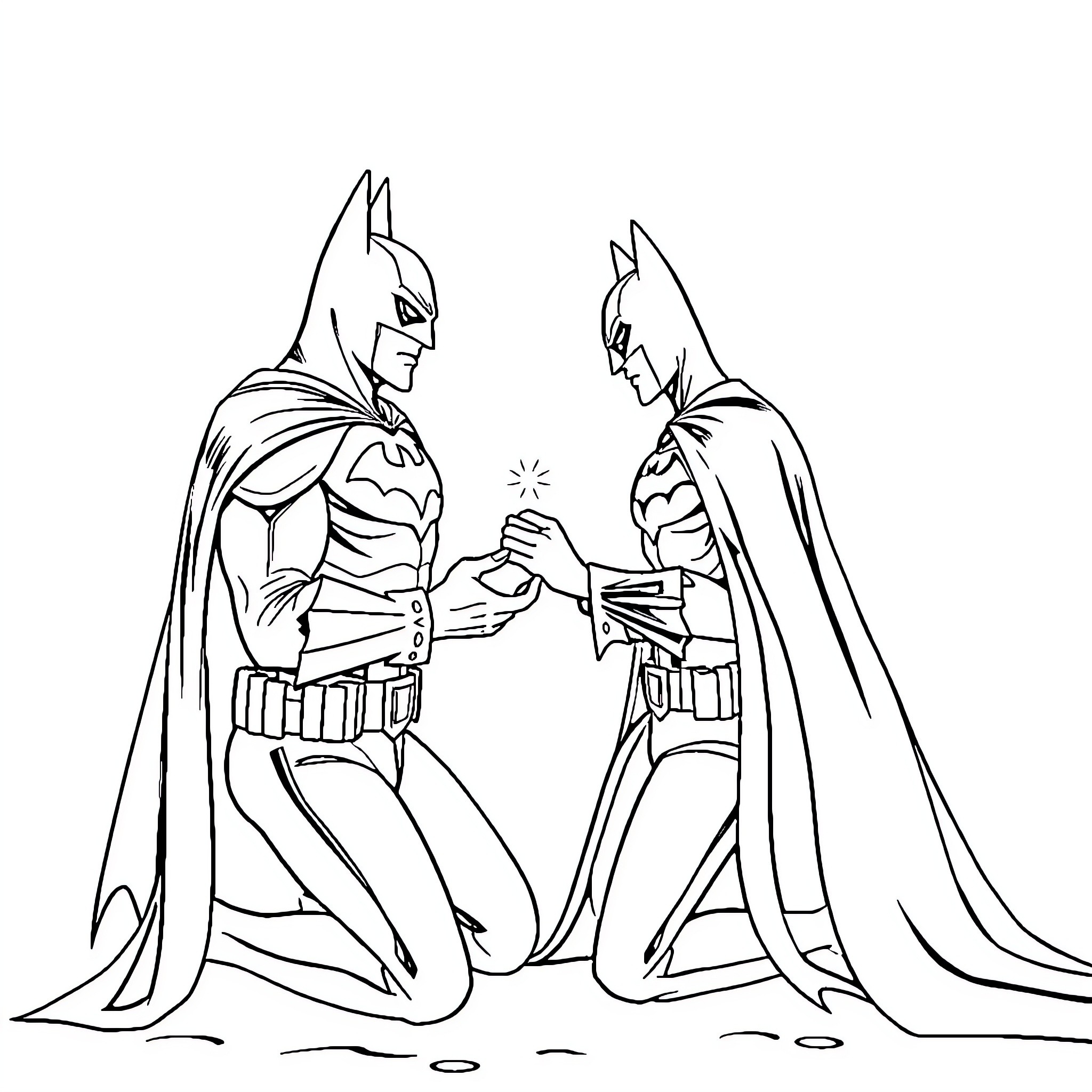 Batman characters in confrontation stance Coloring Page (free black-and-white line drawing printable PDF for all, from beginners to advanced learners, including children, teens, adults, and seniors)