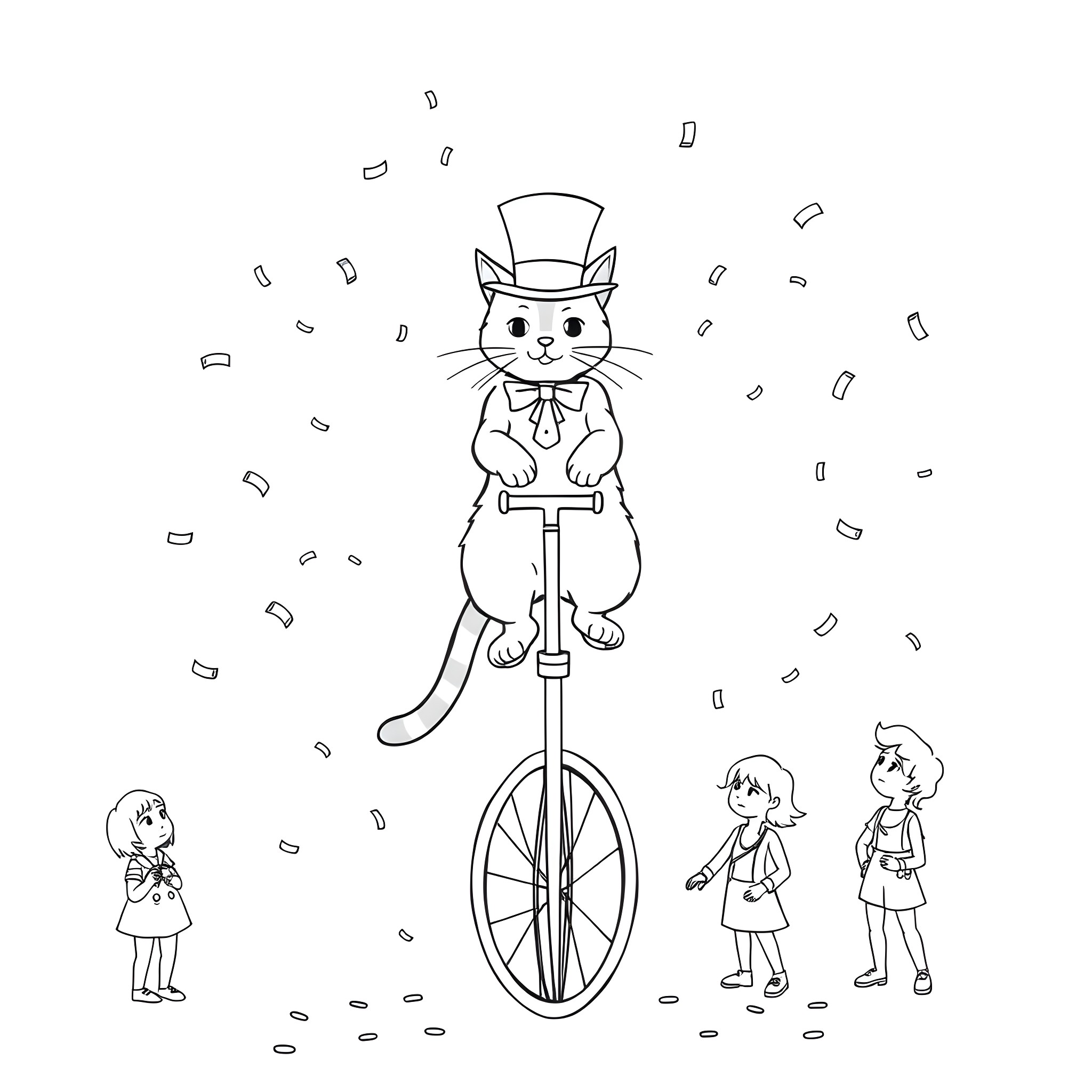 Cat circus performer on unicycle with children watching Coloring Page (free black-and-white line drawing printable PDF for all, from beginners to advanced learners, including children, teens, adults, and seniors)