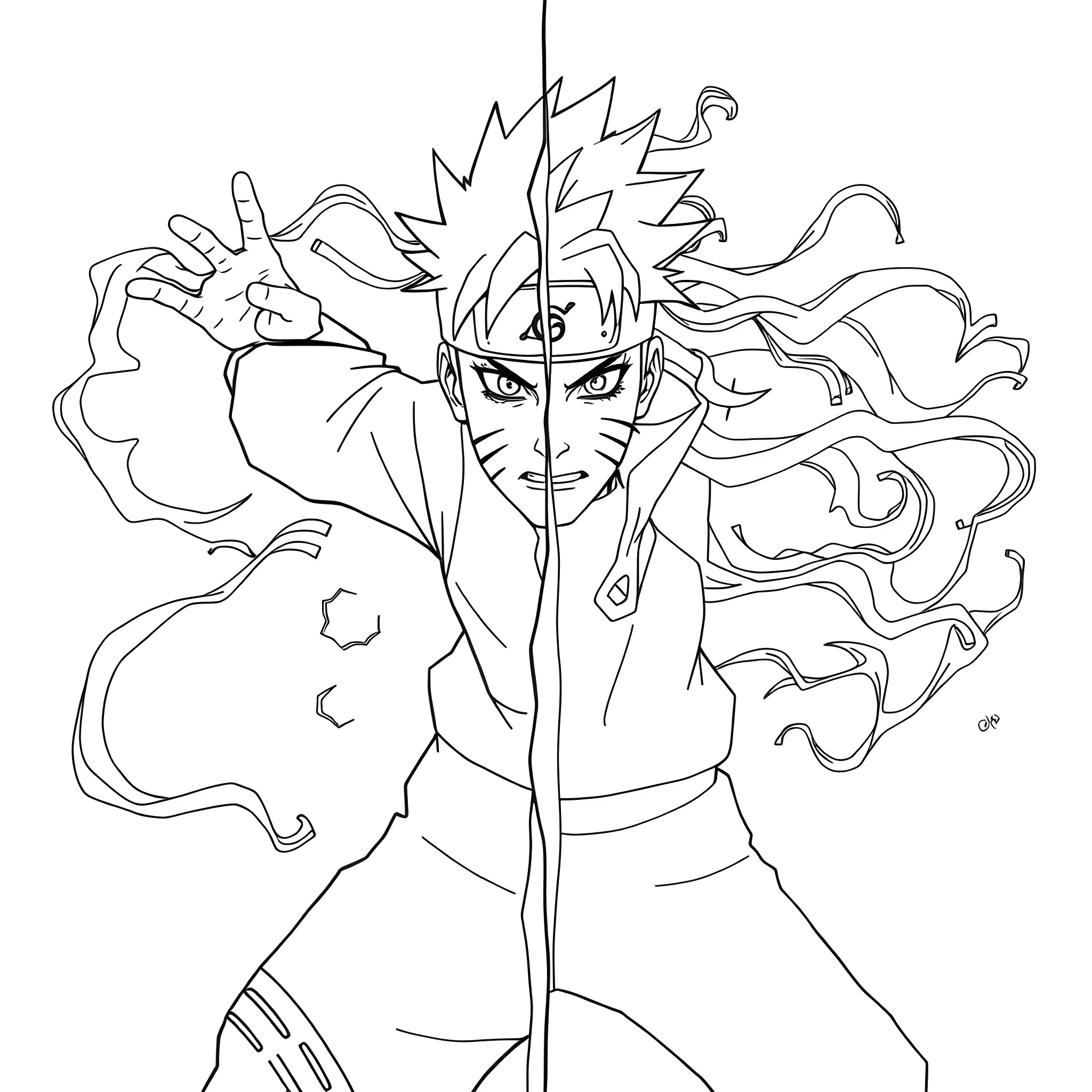 Naruto in a dynamic fighting pose Coloring Page (free black-and-white line drawing printable PDF for all, from beginners to advanced learners, including children, teens, adults, and seniors)