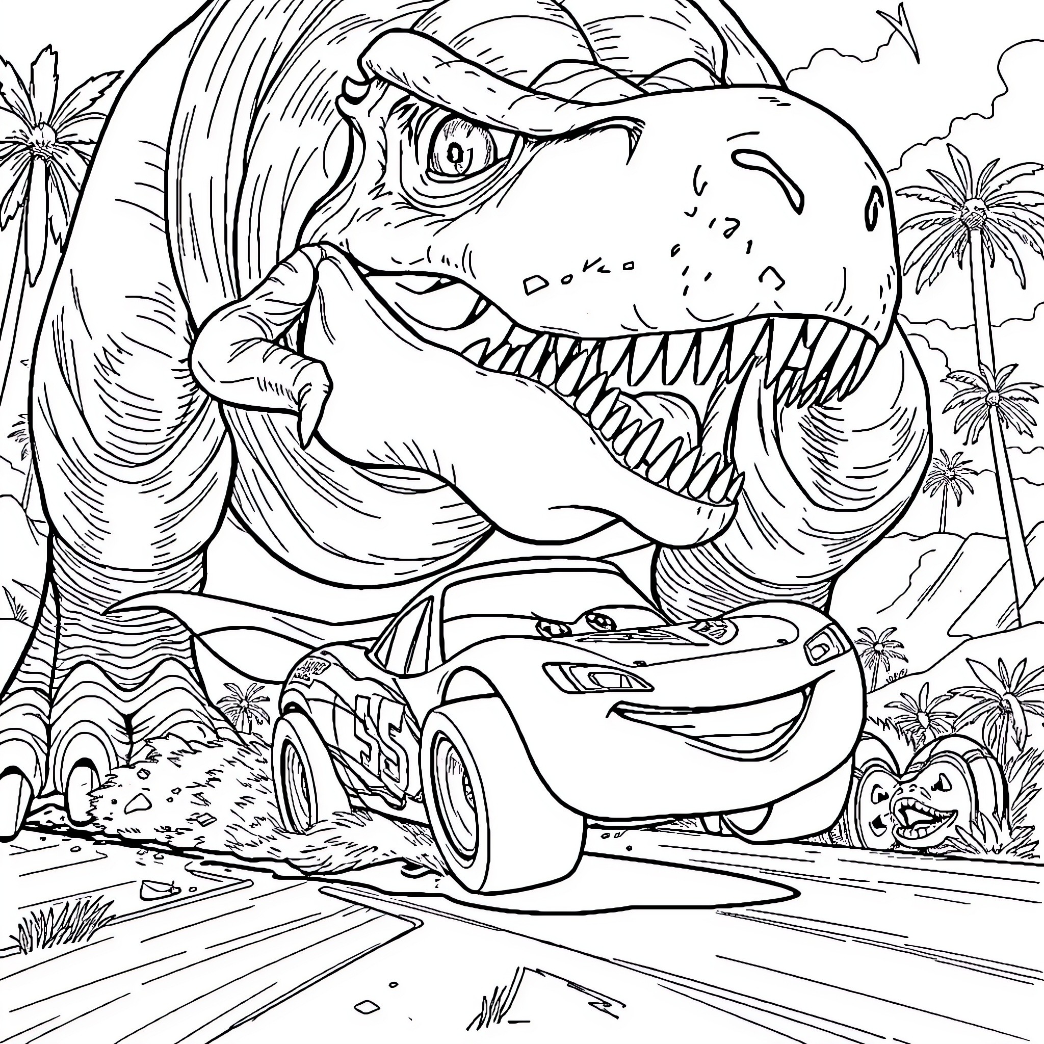 Flash McQueen's Dinosaur Adventure Coloring Page (free black-and-white line drawing printable PDF for all, from beginners to advanced learners, including children, teens, adults, and seniors)