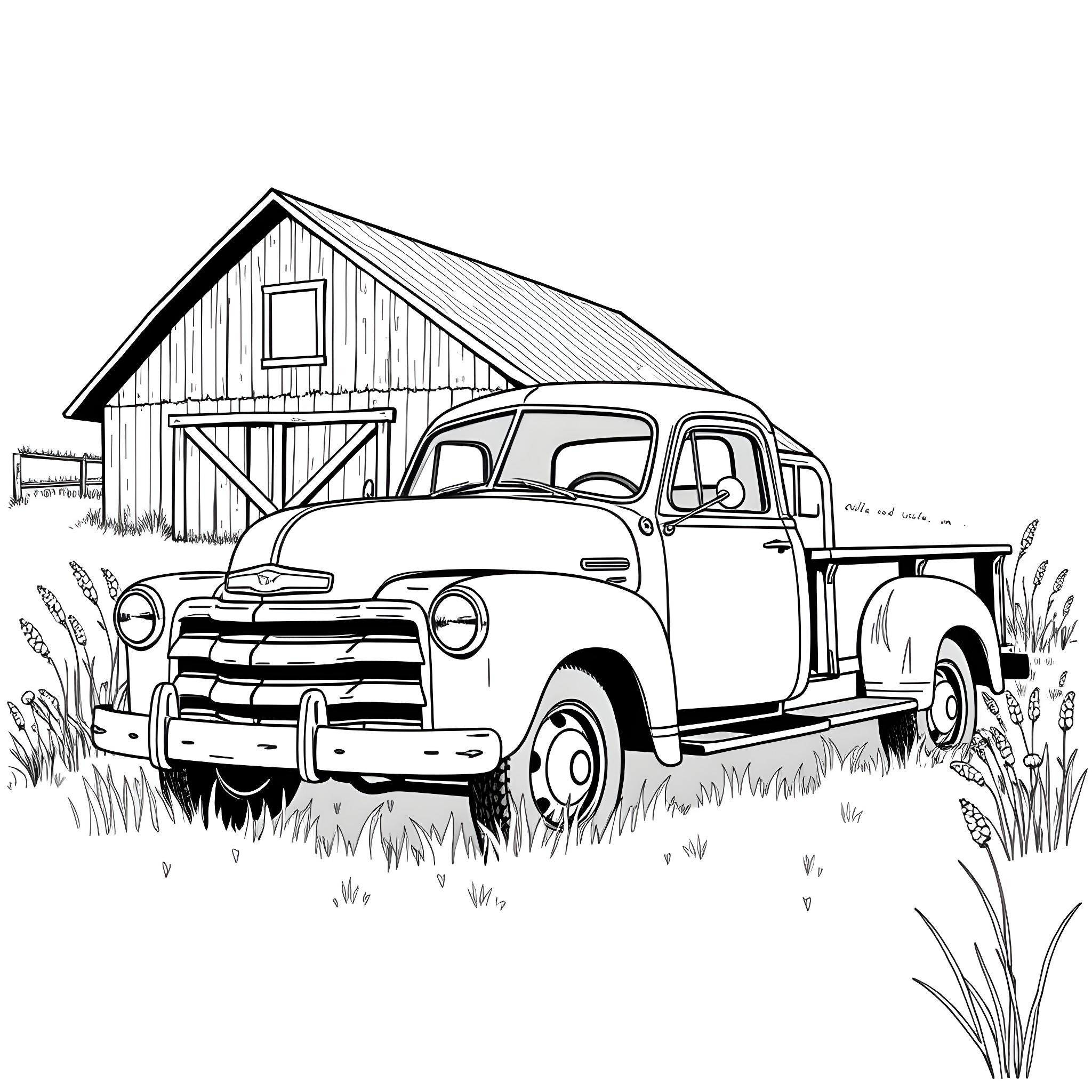 Truck parked next to an old barn Coloring Page (free black-and-white line drawing printable PDF for all, from beginners to advanced learners, including children, teens, adults, and seniors)