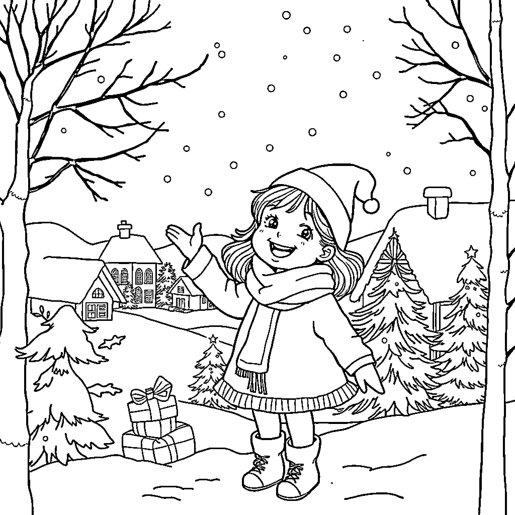 Girl enjoying a snowy winter day Coloring Page (free black-and-white line drawing printable PDF for all, from beginners to advanced learners, including children, teens, adults, and seniors)