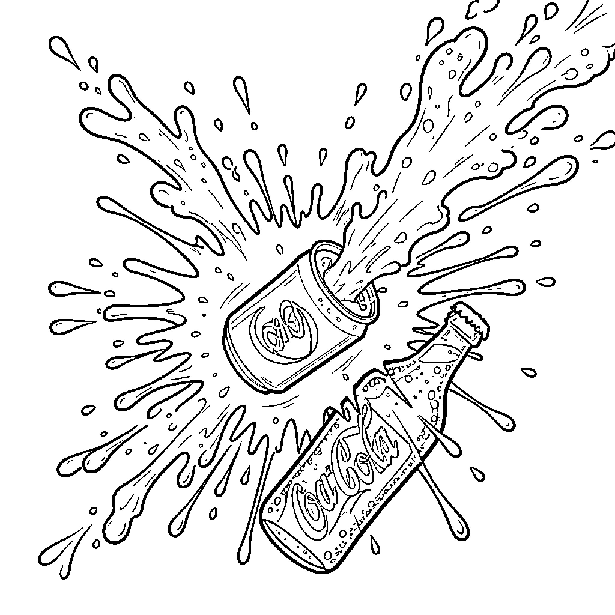 Coke can exploding in an energetic burst Coloring Page (free black-and-white line drawing printable PDF for all, from beginners to advanced learners, including children, teens, adults, and seniors)