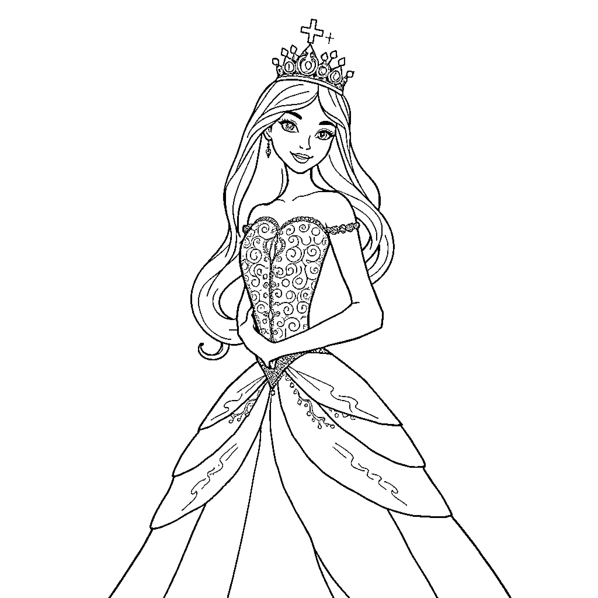 Princess in Elegant Gown and Crown Coloring Page (free black-and-white line drawing printable PDF for all, from beginners to advanced learners, including children, teens, adults, and seniors)