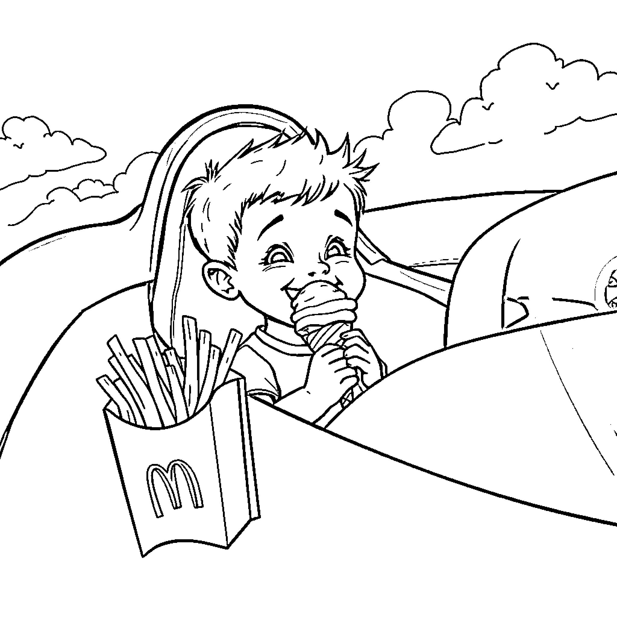 Boy enjoys fast food in nature Coloring Page (free black-and-white line drawing printable PDF for all, from beginners to advanced learners, including children, teens, adults, and seniors)