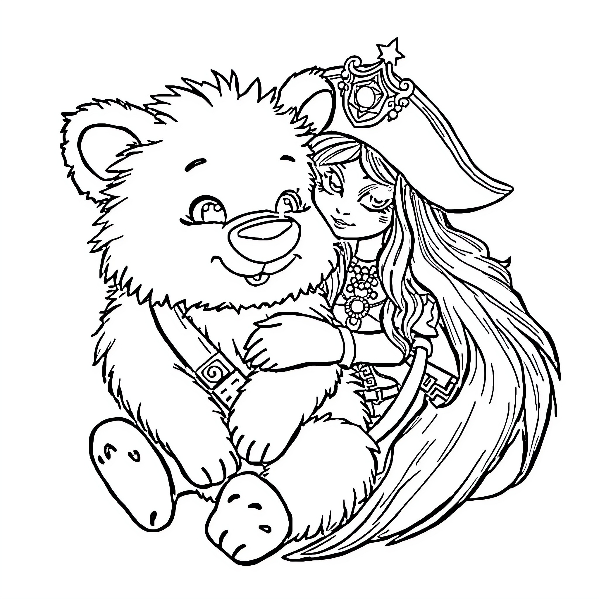 Fluffy teddy bear and girl in costume Coloring Page (free black-and-white line drawing printable PDF for all, from beginners to advanced learners, including children, teens, adults, and seniors)