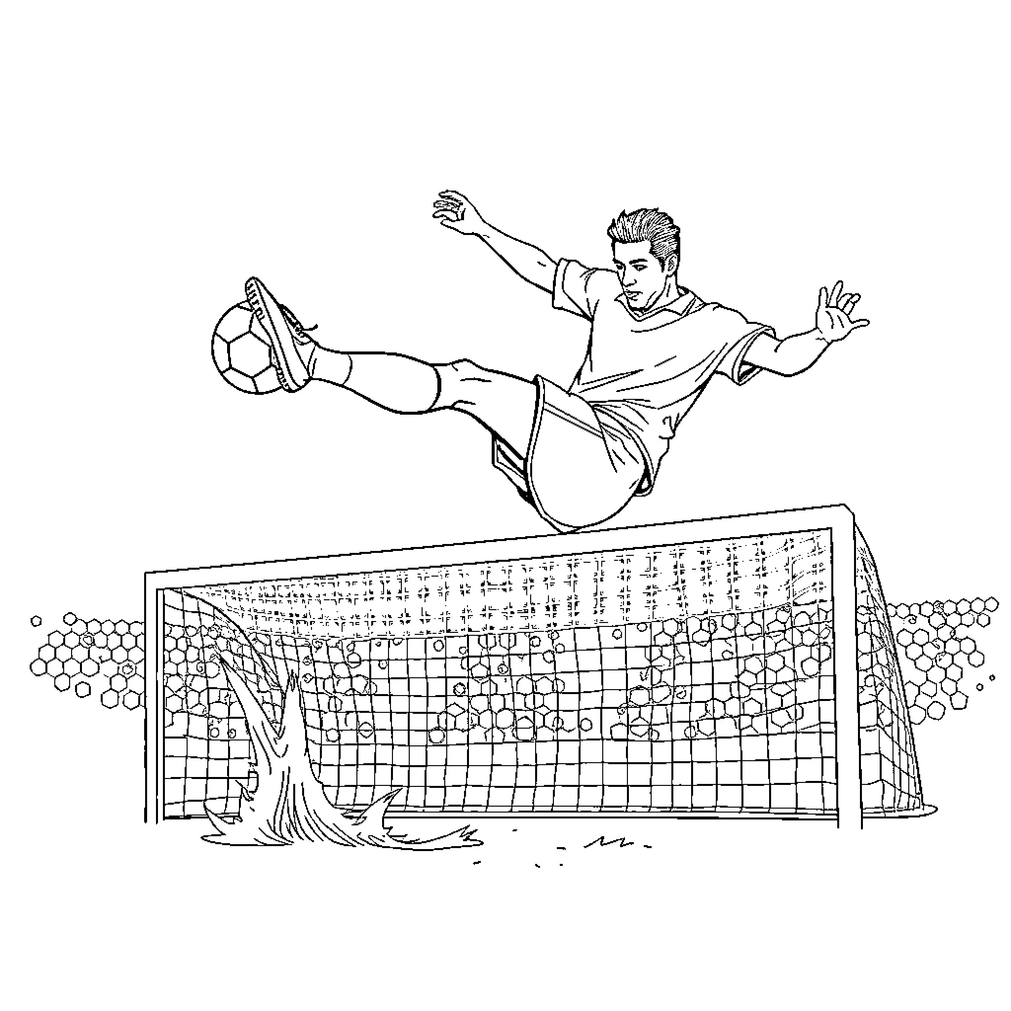 Pelé performing a spectacular soccer kick near the goal Coloring Page (free black-and-white line drawing printable PDF for all, from beginners to advanced learners, including children, teens, adults, and seniors)