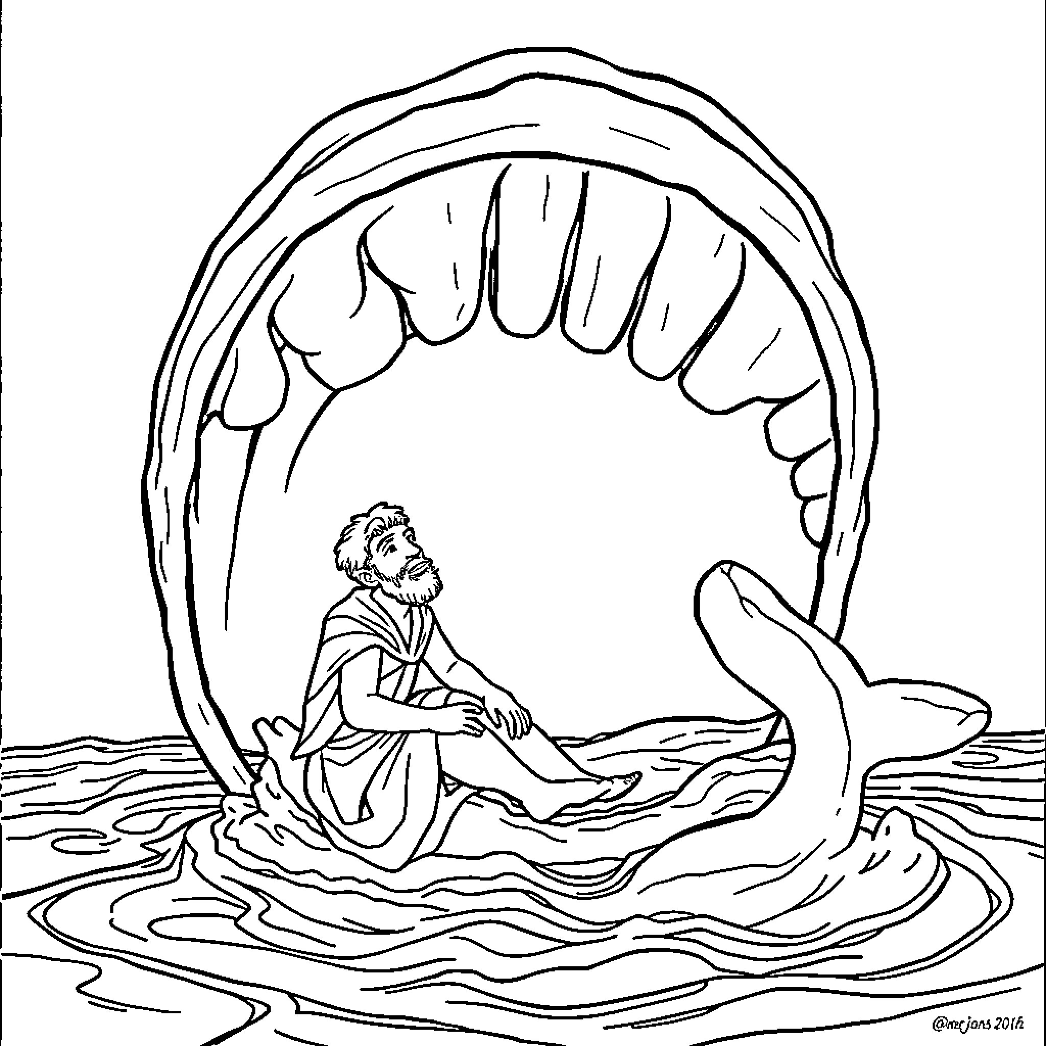 Whale swallowing a person in the ocean Coloring Page (free black-and-white line drawing printable PDF for all, from beginners to advanced learners, including children, teens, adults, and seniors)