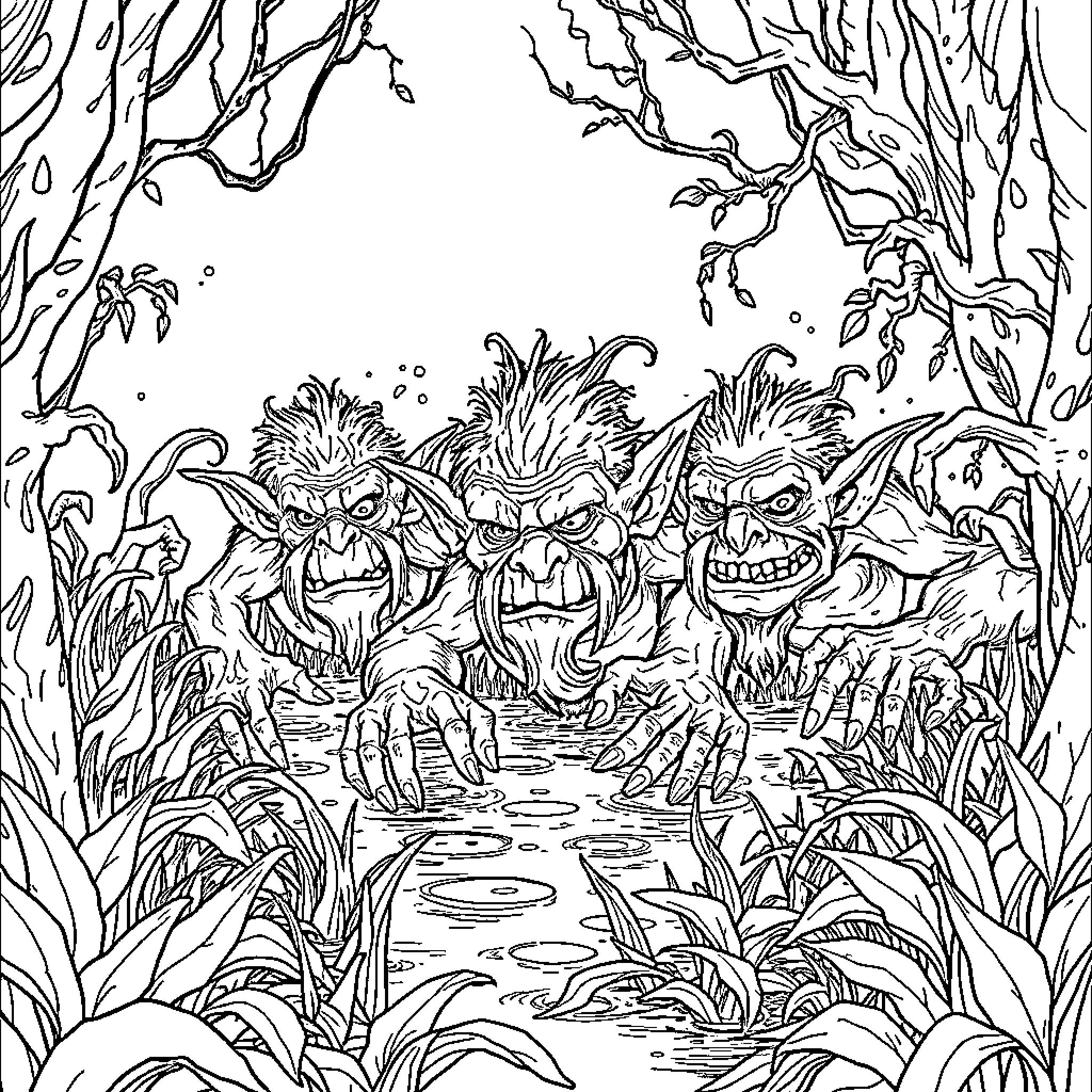 Troll Creatures Lurking in the Mysterious Forest Coloring Page (free black-and-white line drawing printable PDF for all, from beginners to advanced learners, including children, teens, adults, and seniors)