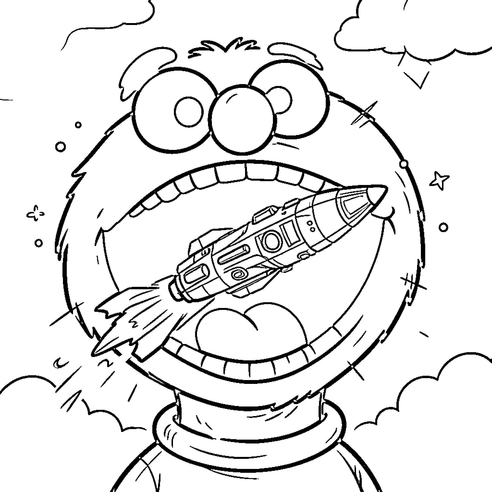 Spaceship flying into a wide open mouth Coloring Page (free black-and-white line drawing printable PDF for all, from beginners to advanced learners, including children, teens, adults, and seniors)