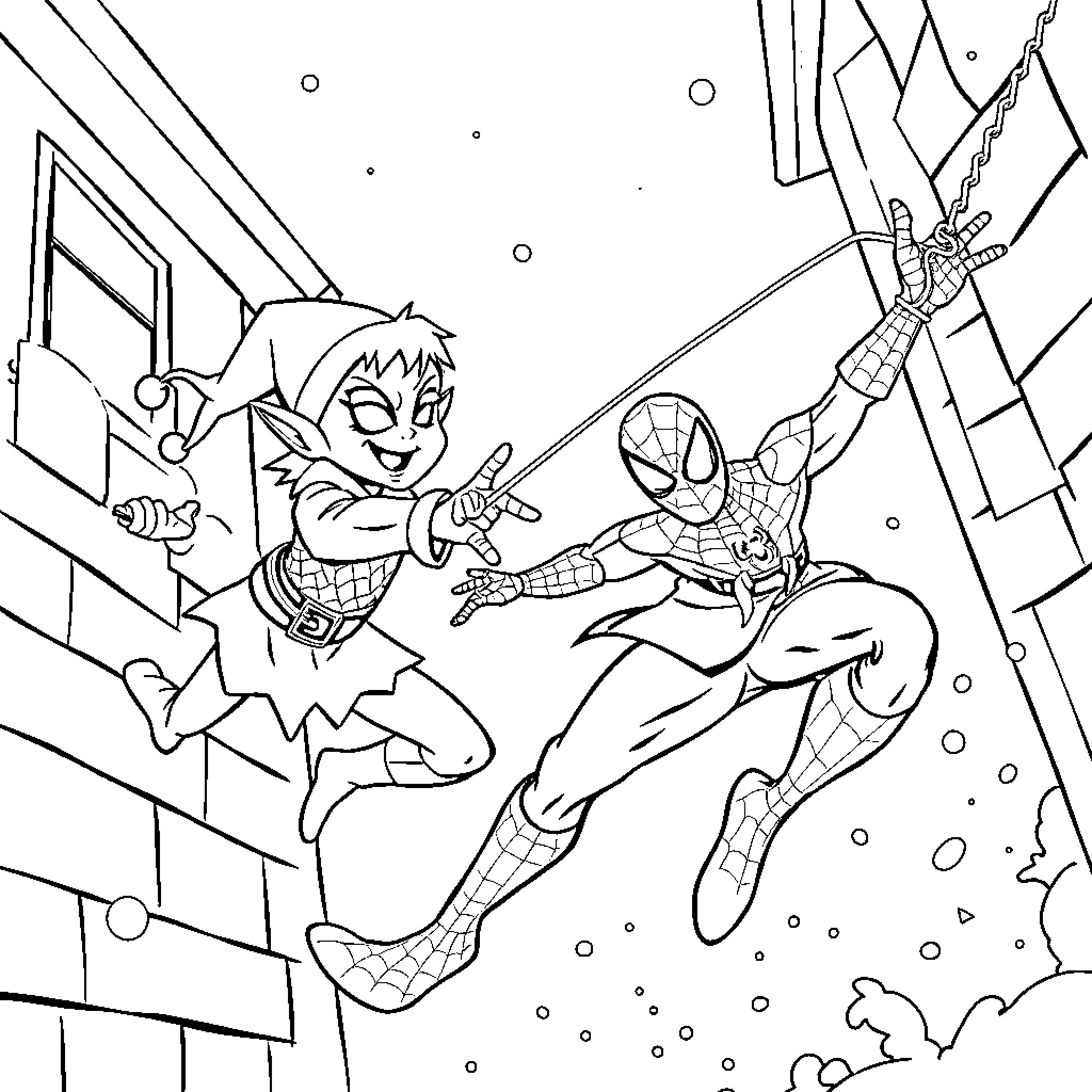 Elf and Spider-Man in action-packed adventure Coloring Page (free black-and-white line drawing printable PDF for all, from beginners to advanced learners, including children, teens, adults, and seniors)