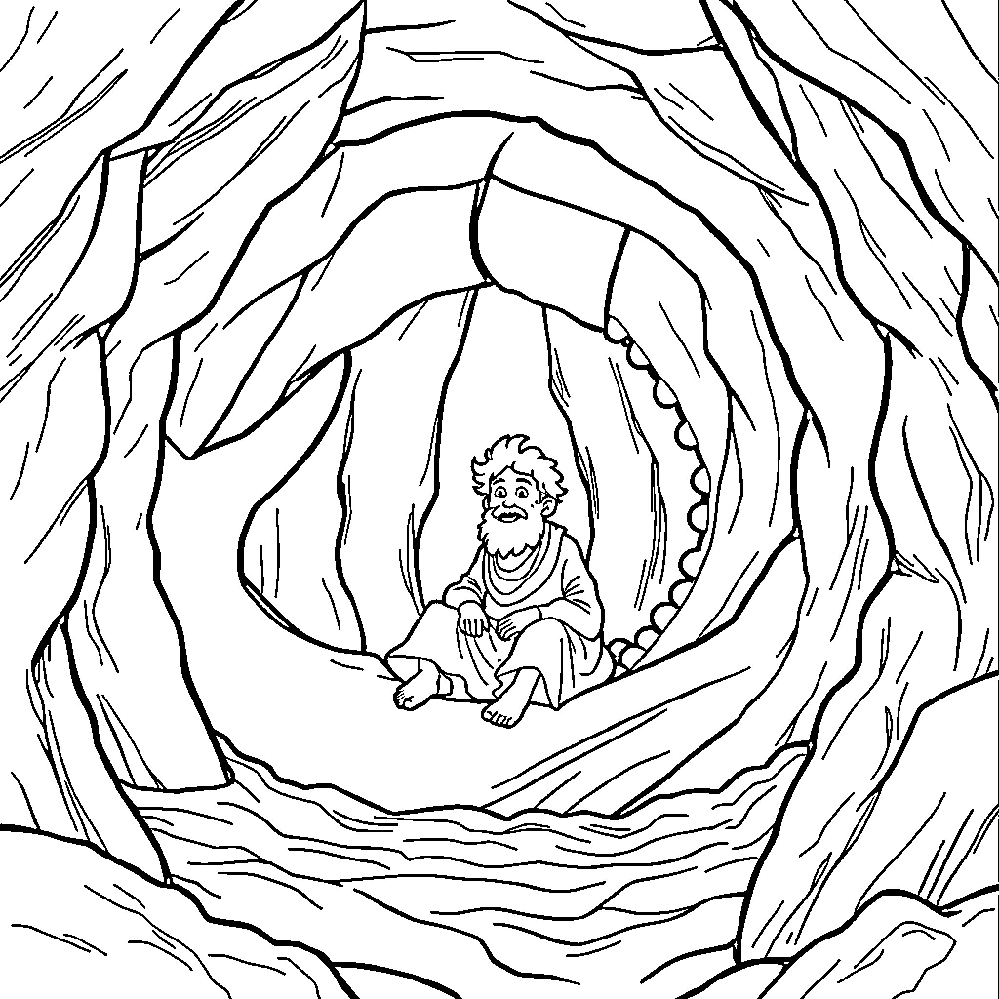 Whale sitting in a mysterious cave Coloring Page (free black-and-white line drawing printable PDF for all, from beginners to advanced learners, including children, teens, adults, and seniors)