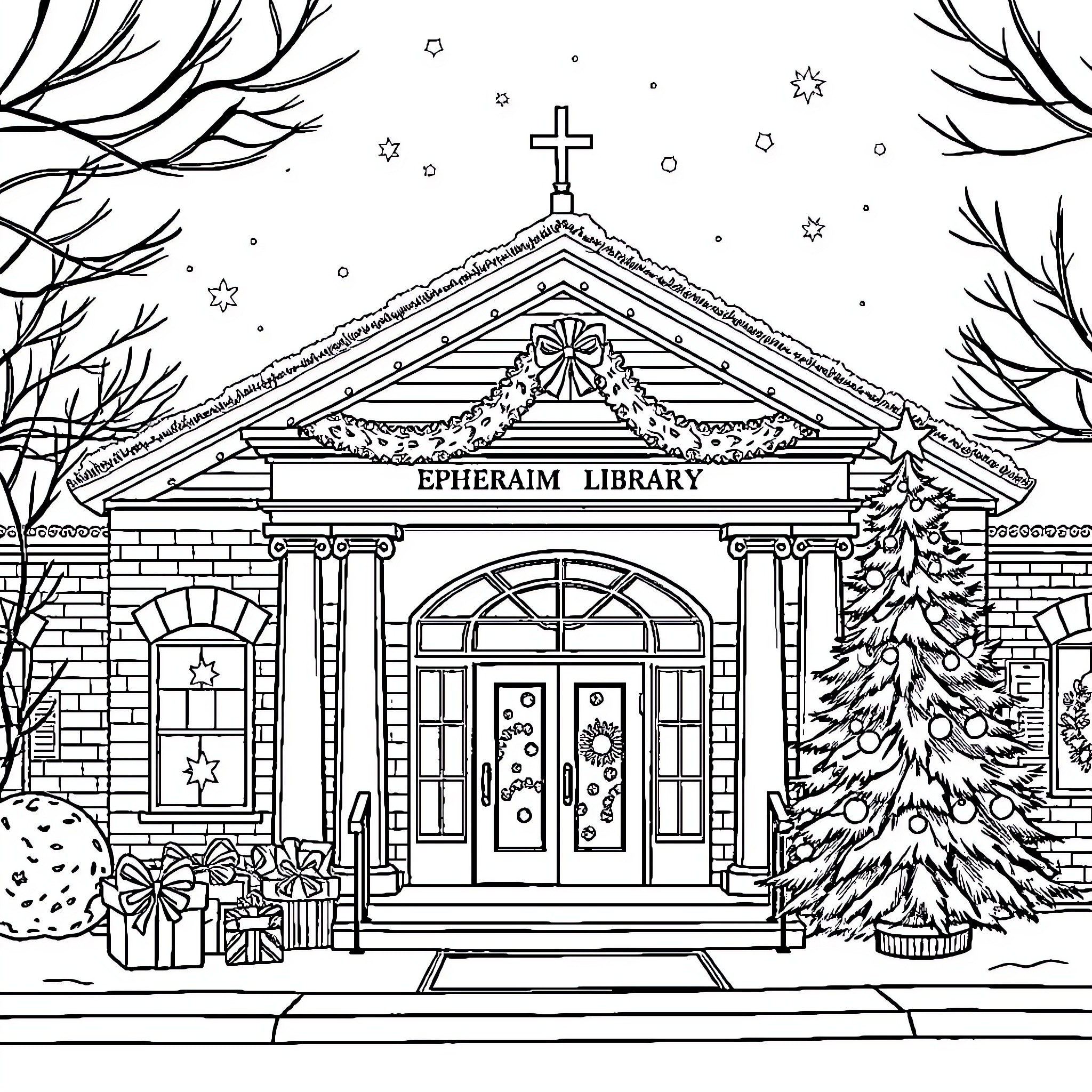 Library adorned with festive decor during winter season Coloring Page (free black-and-white line drawing printable PDF for all, from beginners to advanced learners, including children, teens, adults, and seniors)