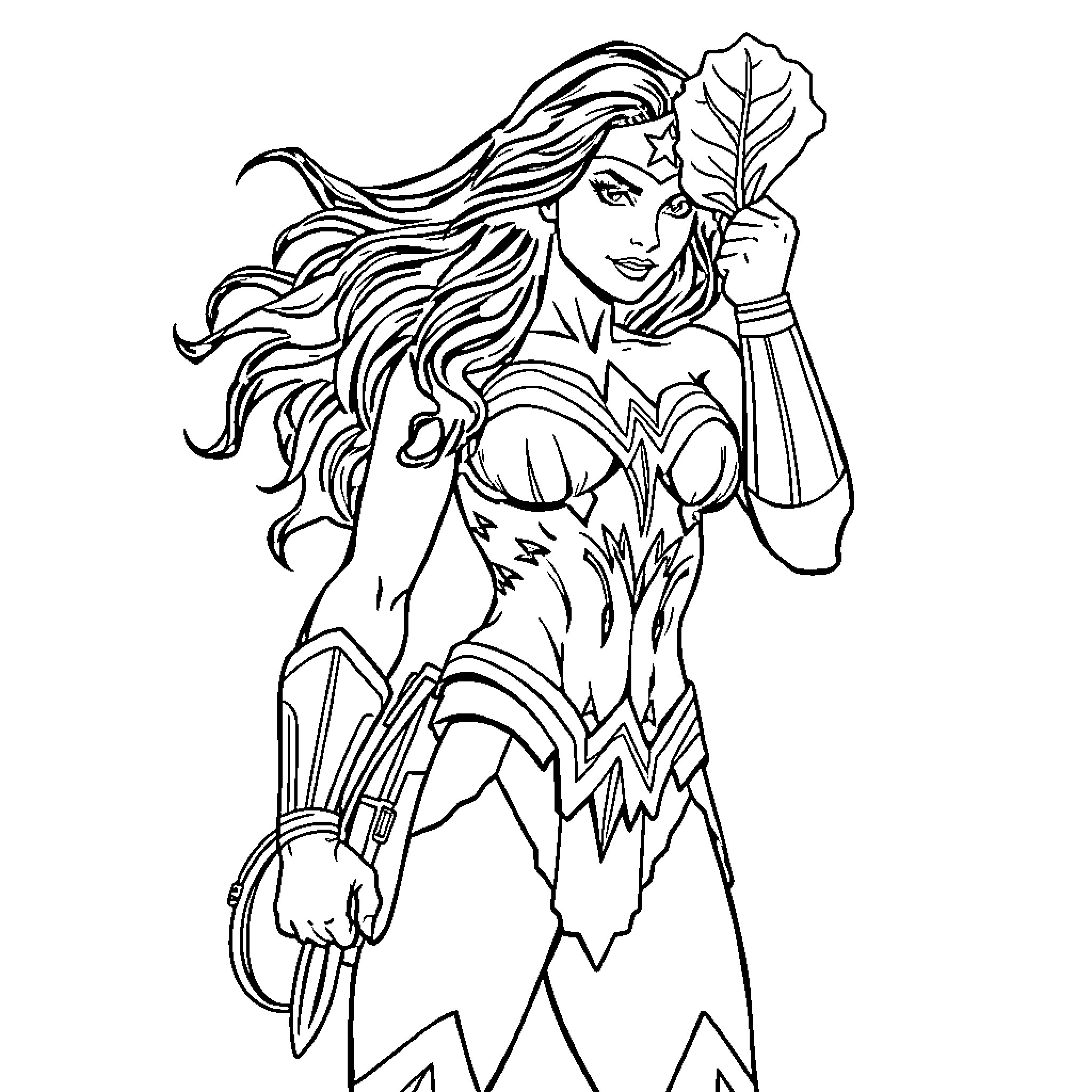 Wonder Woman in action posing with strength Coloring Page (free black-and-white line drawing printable PDF for all, from beginners to advanced learners, including children, teens, adults, and seniors)