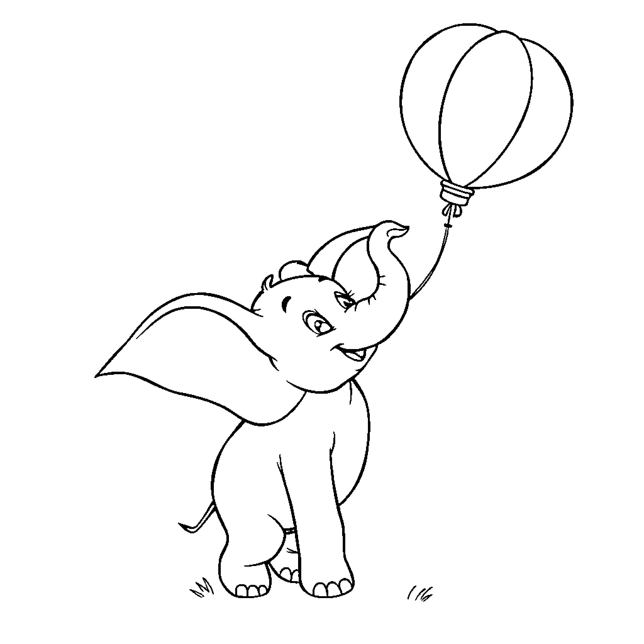 Dumbo the elephant playing with balloon Coloring Page (free black-and-white line drawing printable PDF for all, from beginners to advanced learners, including children, teens, adults, and seniors)