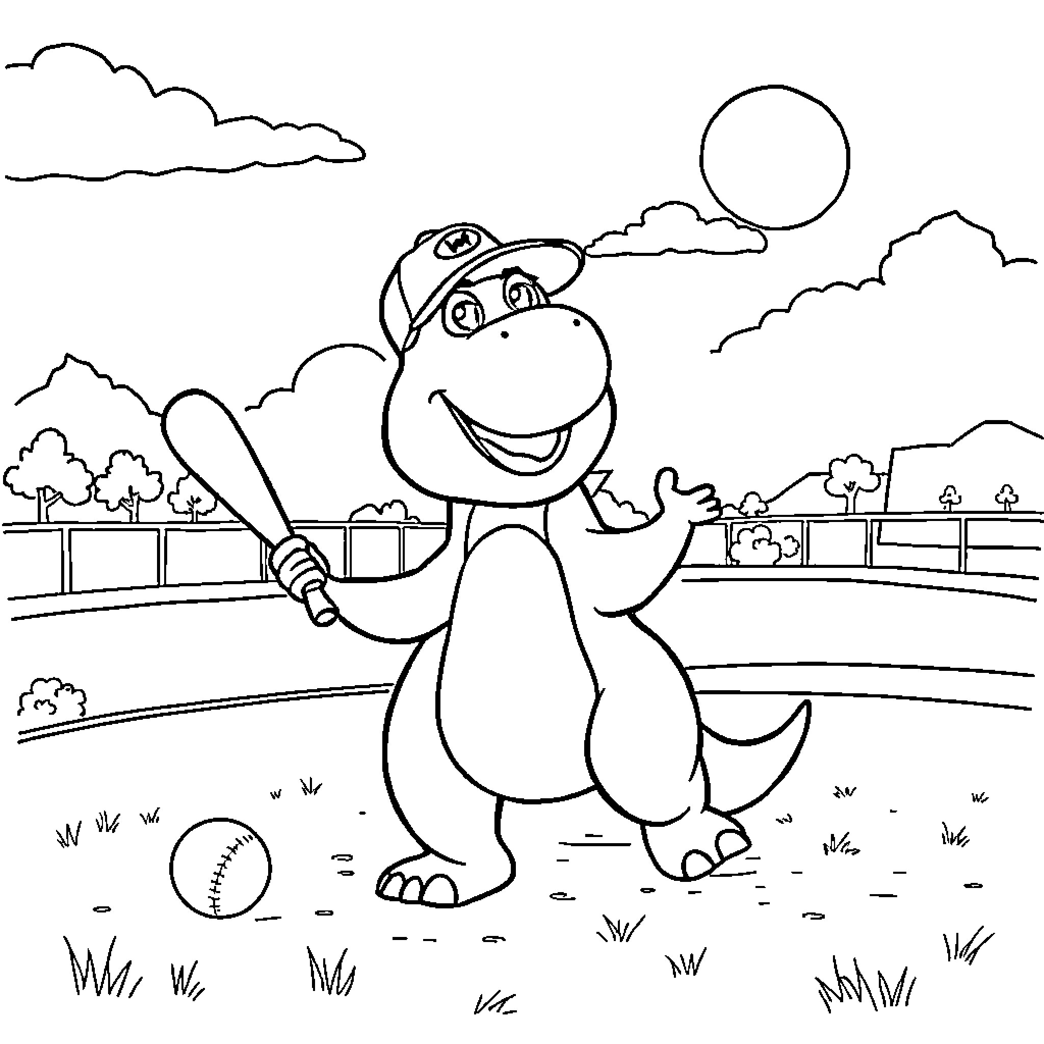 Barney the Dinosaur playing baseball in the park Coloring Page (free black-and-white line drawing printable PDF for all, from beginners to advanced learners, including children, teens, adults, and seniors)