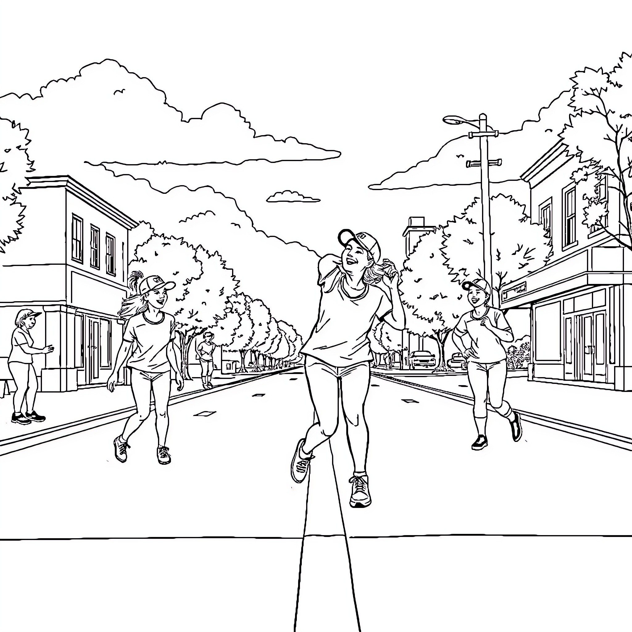 Jeane Vidoni exercising with friends in the neighborhood Coloring Page (free black-and-white line drawing printable PDF for all, from beginners to advanced learners, including children, teens, adults, and seniors)
