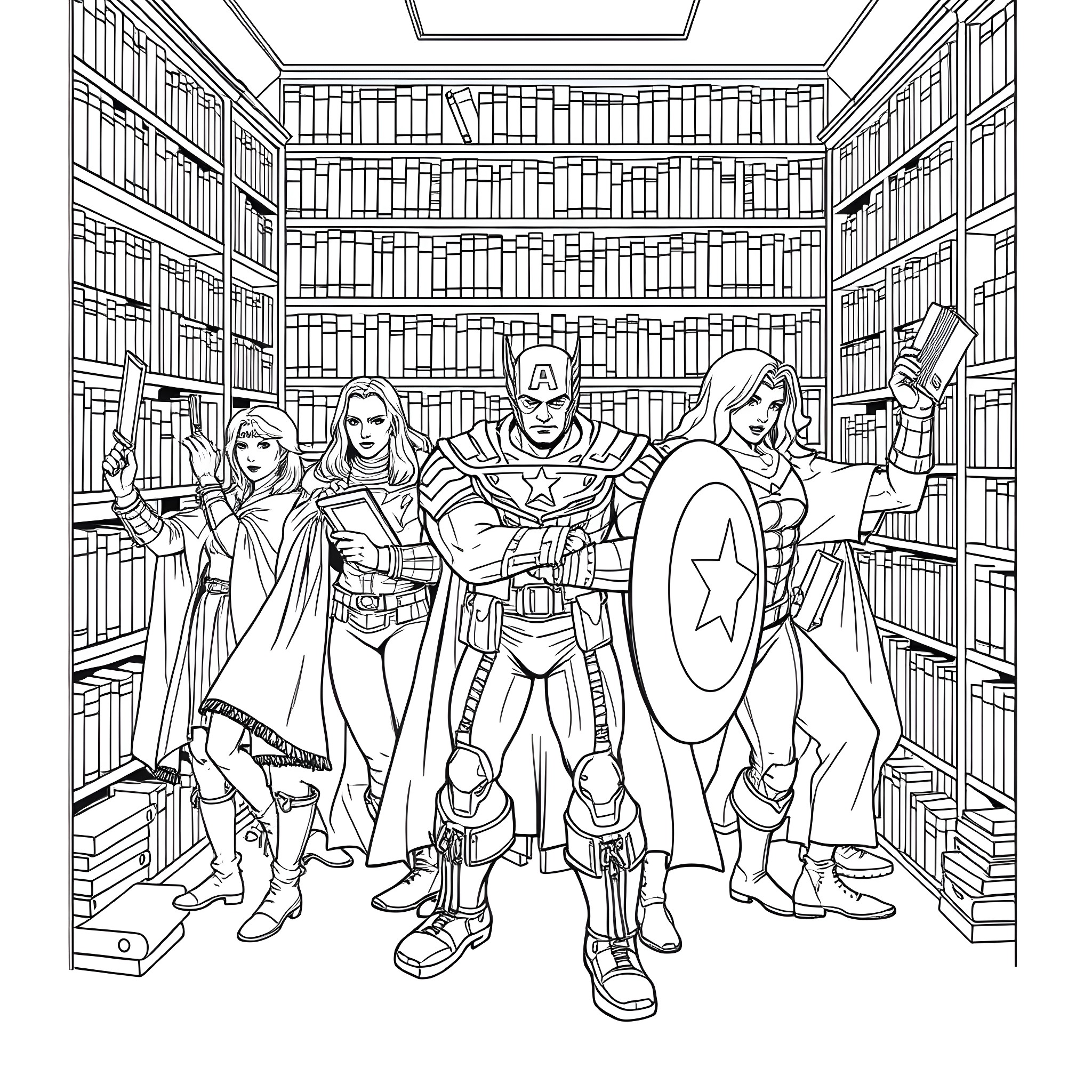 Librarian Heroes Exploring the Stacks Coloring Page (free black-and-white line drawing printable PDF for all, from beginners to advanced learners, including children, teens, adults, and seniors)