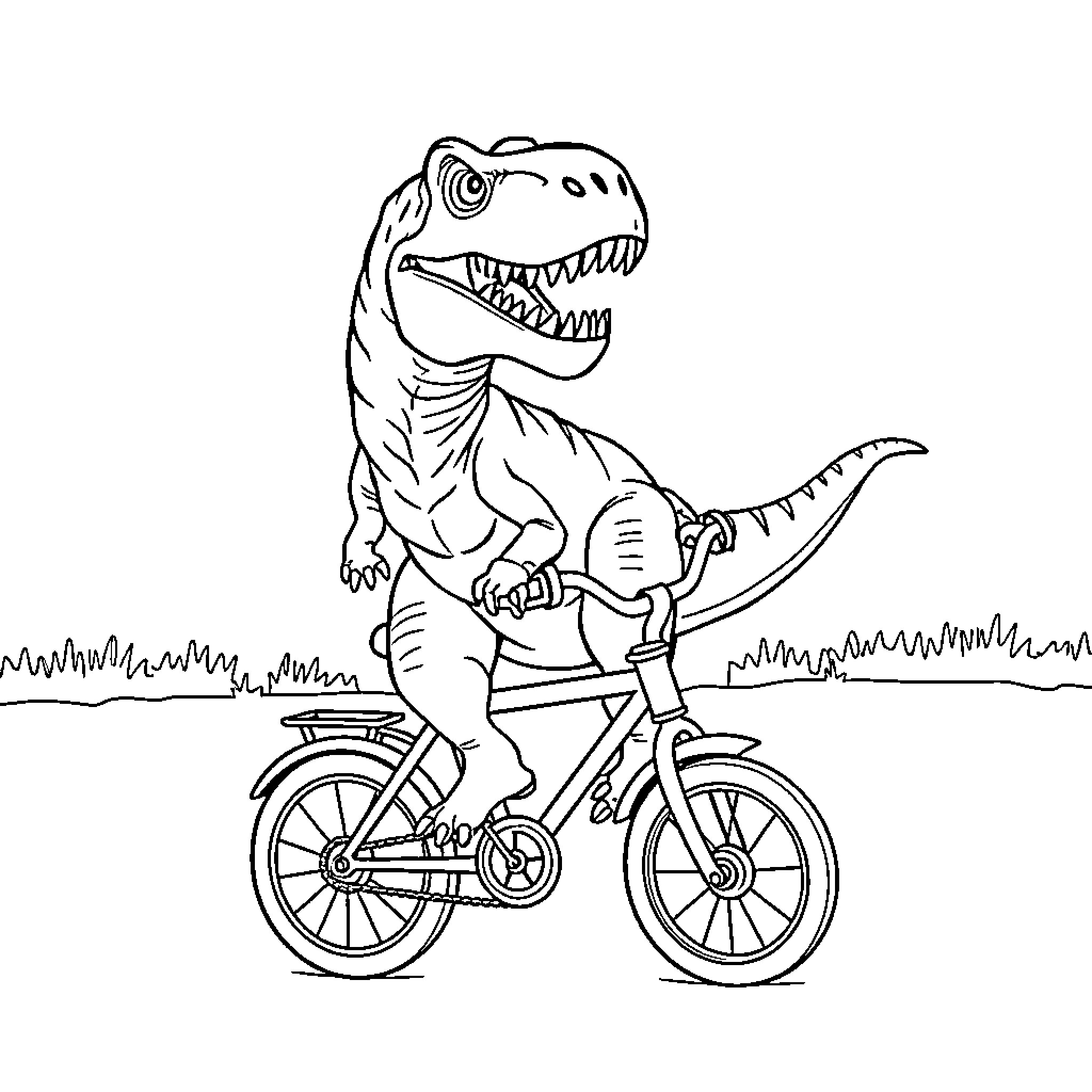 T-Rex riding a bicycle in the park Coloring Page (free black-and-white line drawing printable PDF for all, from beginners to advanced learners, including children, teens, adults, and seniors)