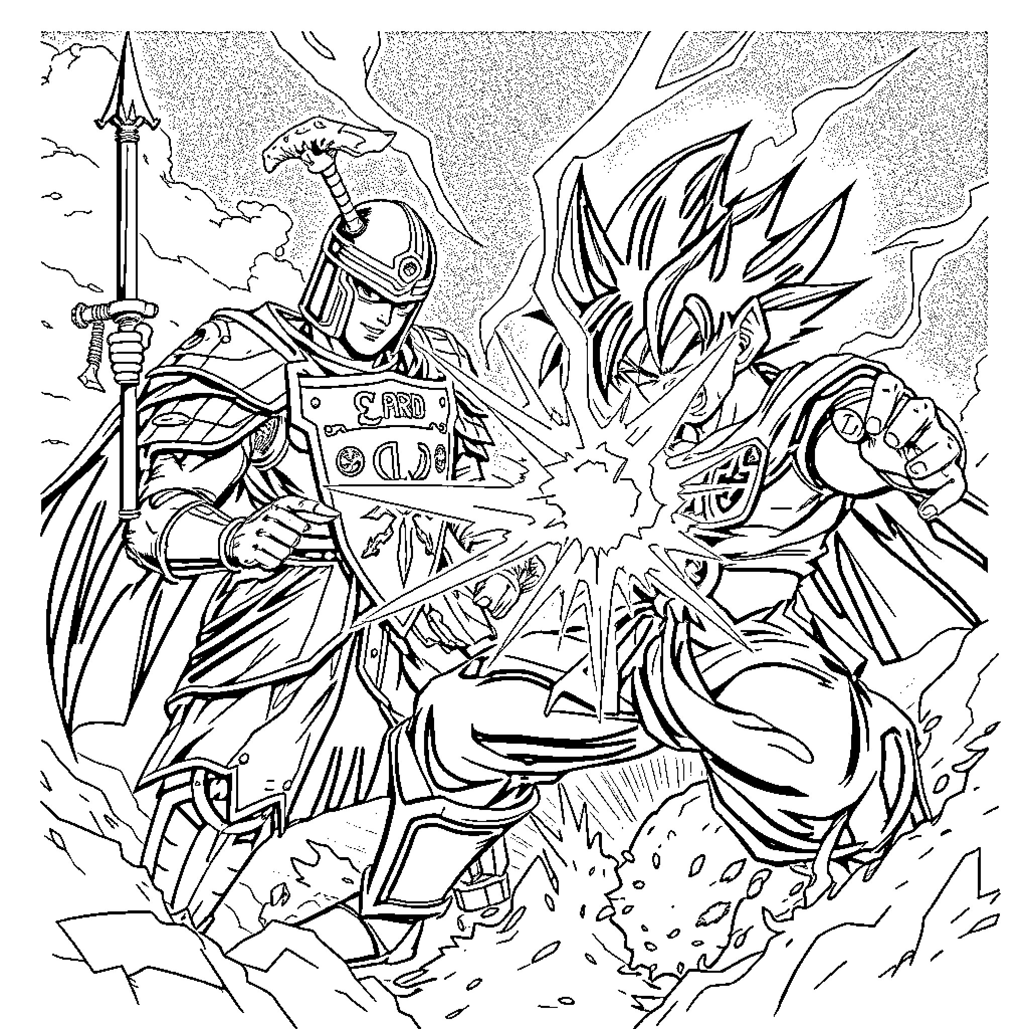 Knight in Fierce Battle with Powerful Warrior Coloring Page (free black-and-white line drawing printable PDF for all, from beginners to advanced learners, including children, teens, adults, and seniors)