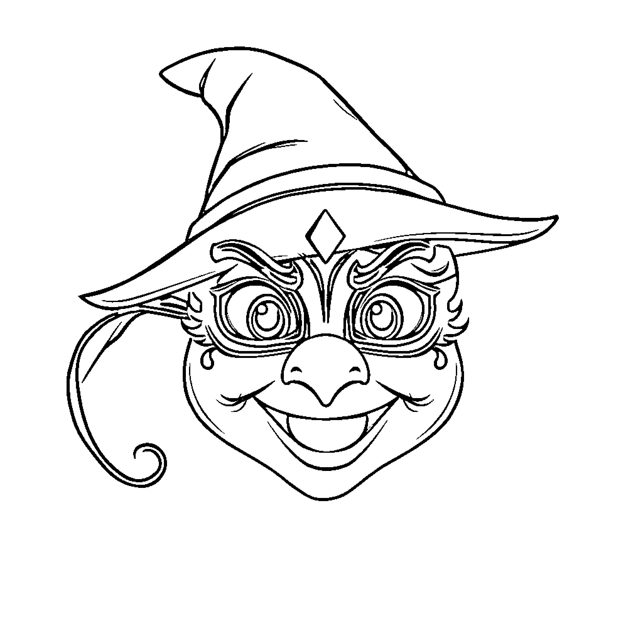 Pumpkin-Faced Witch in Whimsical Hat Coloring Page (free black-and-white line drawing printable PDF for all, from beginners to advanced learners, including children, teens, adults, and seniors)