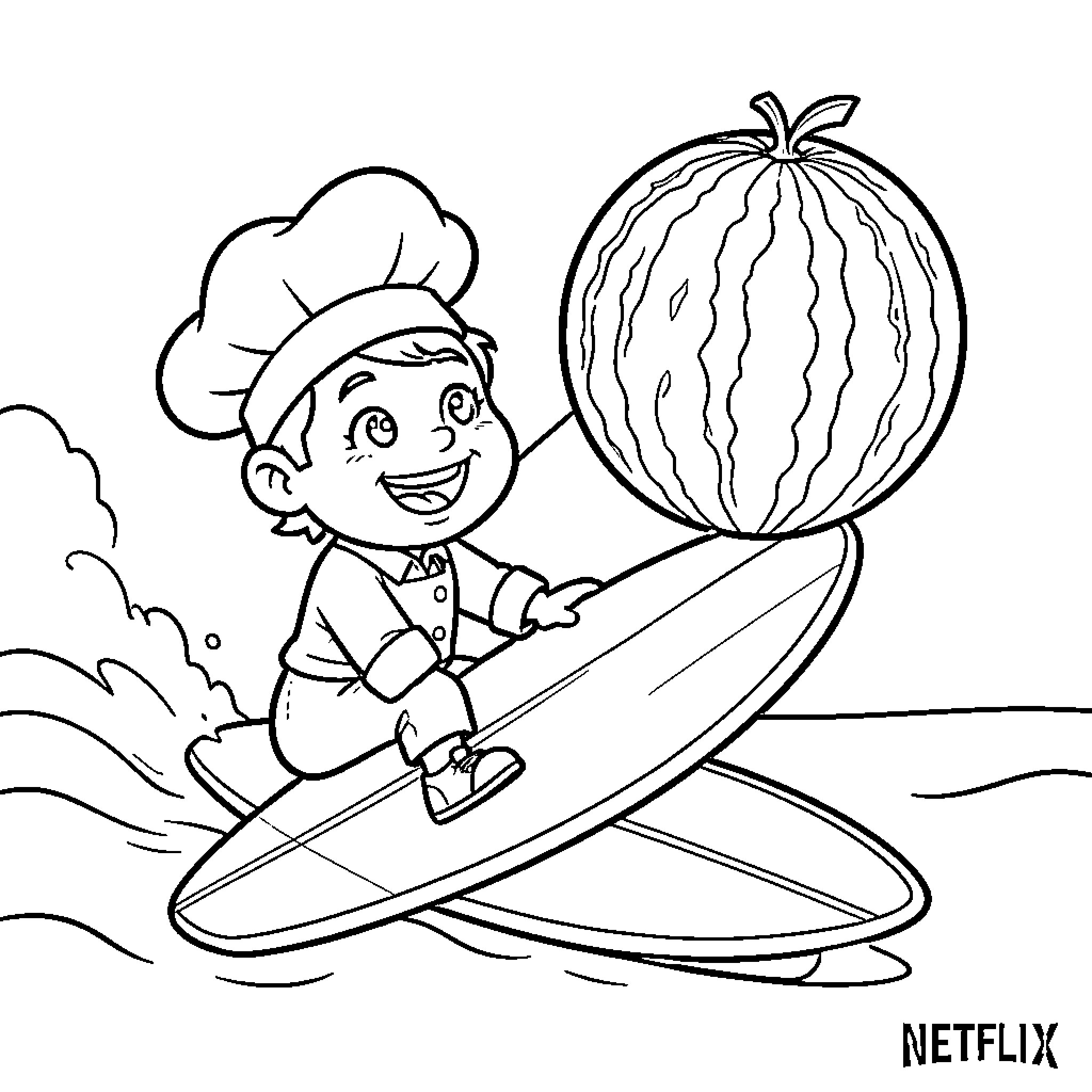 Chef Surfs with Watermelon Coloring Page (free black-and-white line drawing printable PDF for all, from beginners to advanced learners, including children, teens, adults, and seniors)