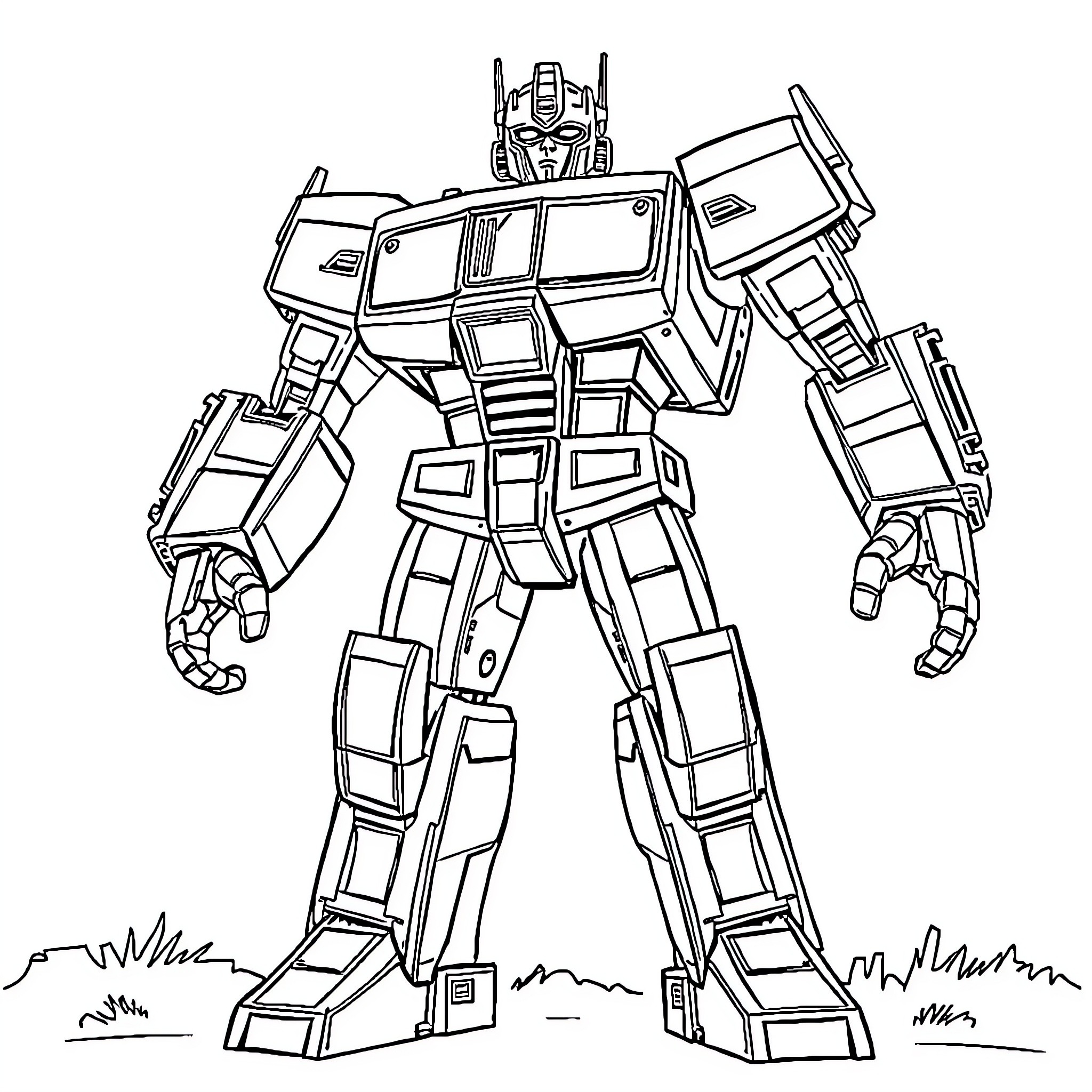 Transformer robot in heroic battle stance Coloring Page (free black-and-white line drawing printable PDF for all, from beginners to advanced learners, including children, teens, adults, and seniors)