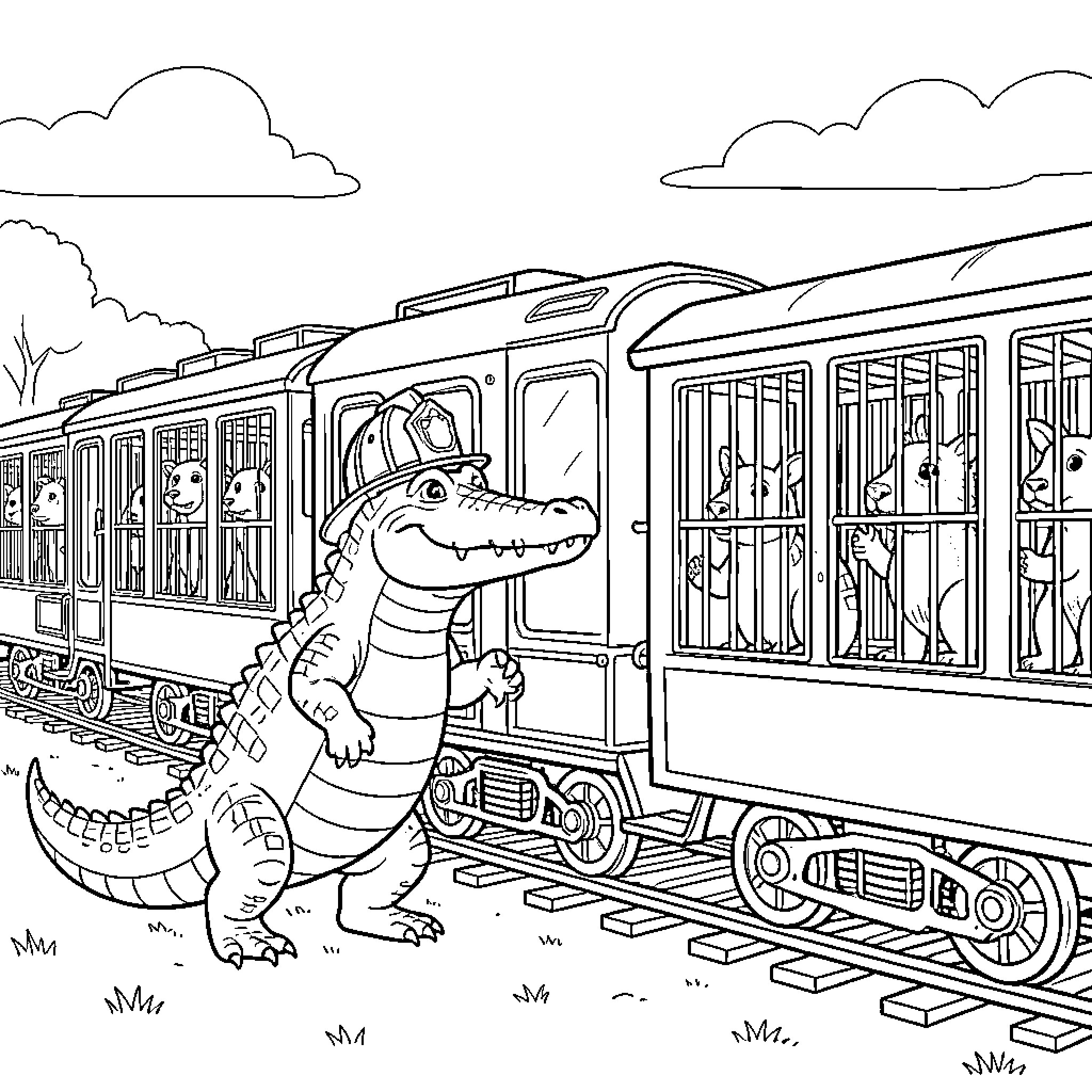 Crocodile riding a train with passengers Coloring Page (free black-and-white line drawing printable PDF for all, from beginners to advanced learners, including children, teens, adults, and seniors)