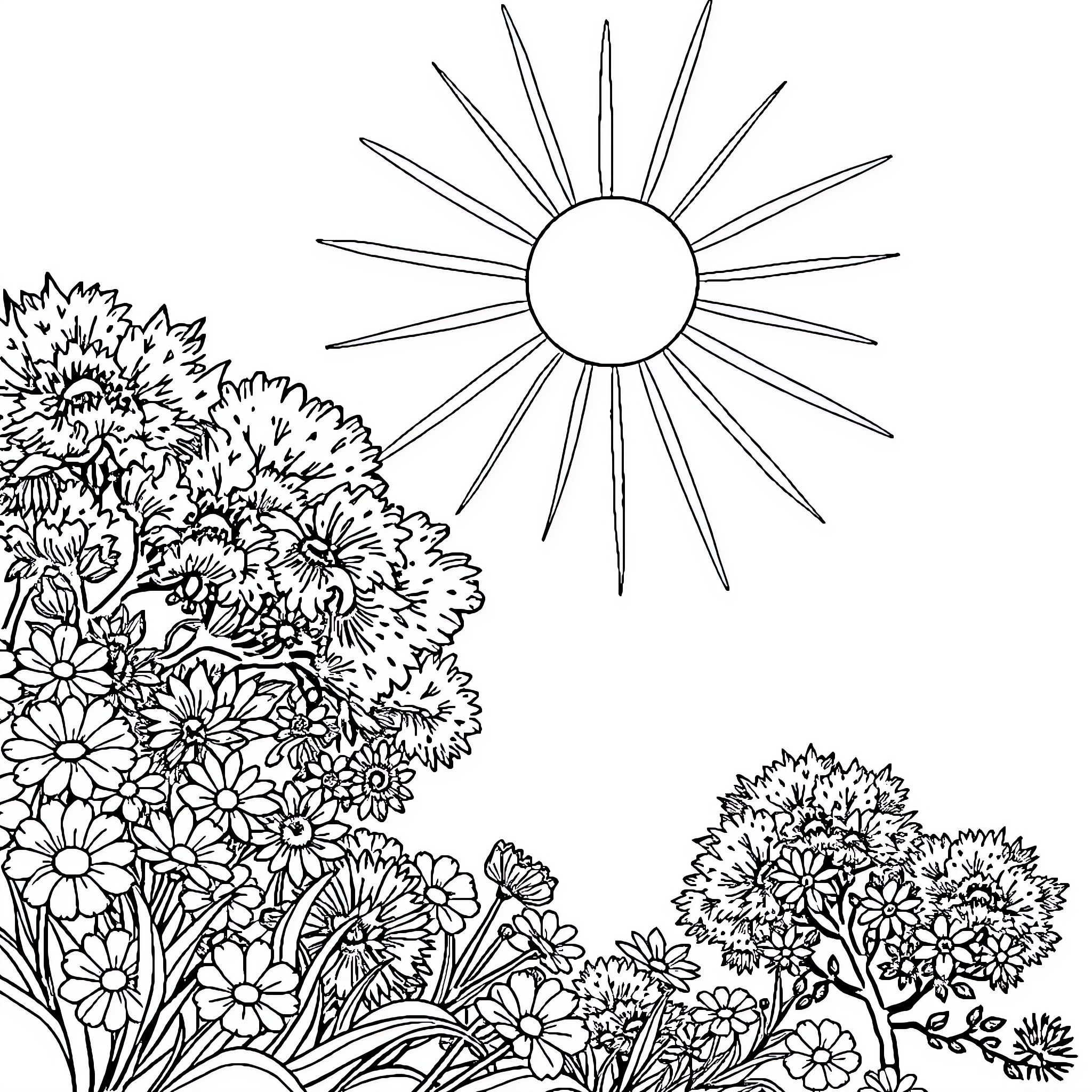 Mary's Vibrant Floral Garden Blooming Under the Sun Coloring Page (free black-and-white line drawing printable PDF for all, from beginners to advanced learners, including children, teens, adults, and seniors)