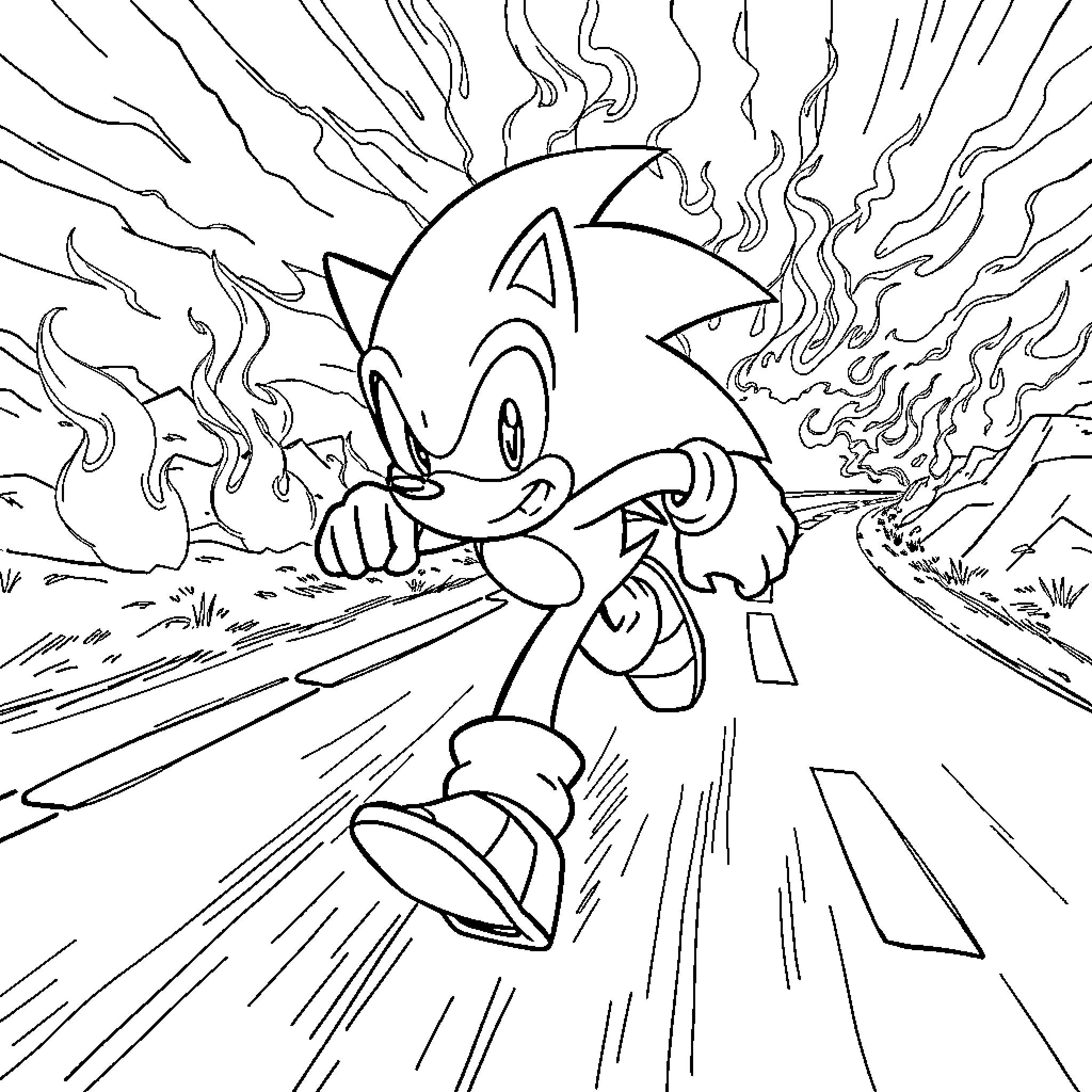 Sonic racing at high speed Coloring Page (free black-and-white line drawing printable PDF for all, from beginners to advanced learners, including children, teens, adults, and seniors)