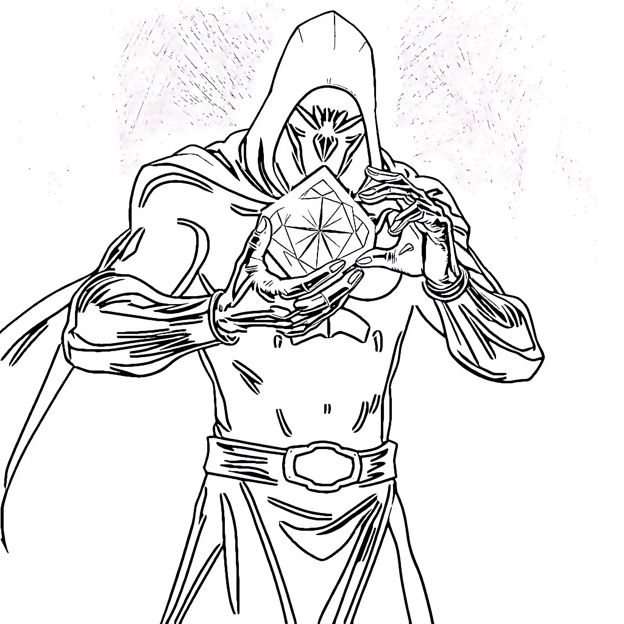 Shadow Warrior Wielding Mystical Artifact Coloring Page (free black-and-white line drawing printable PDF for all, from beginners to advanced learners, including children, teens, adults, and seniors)