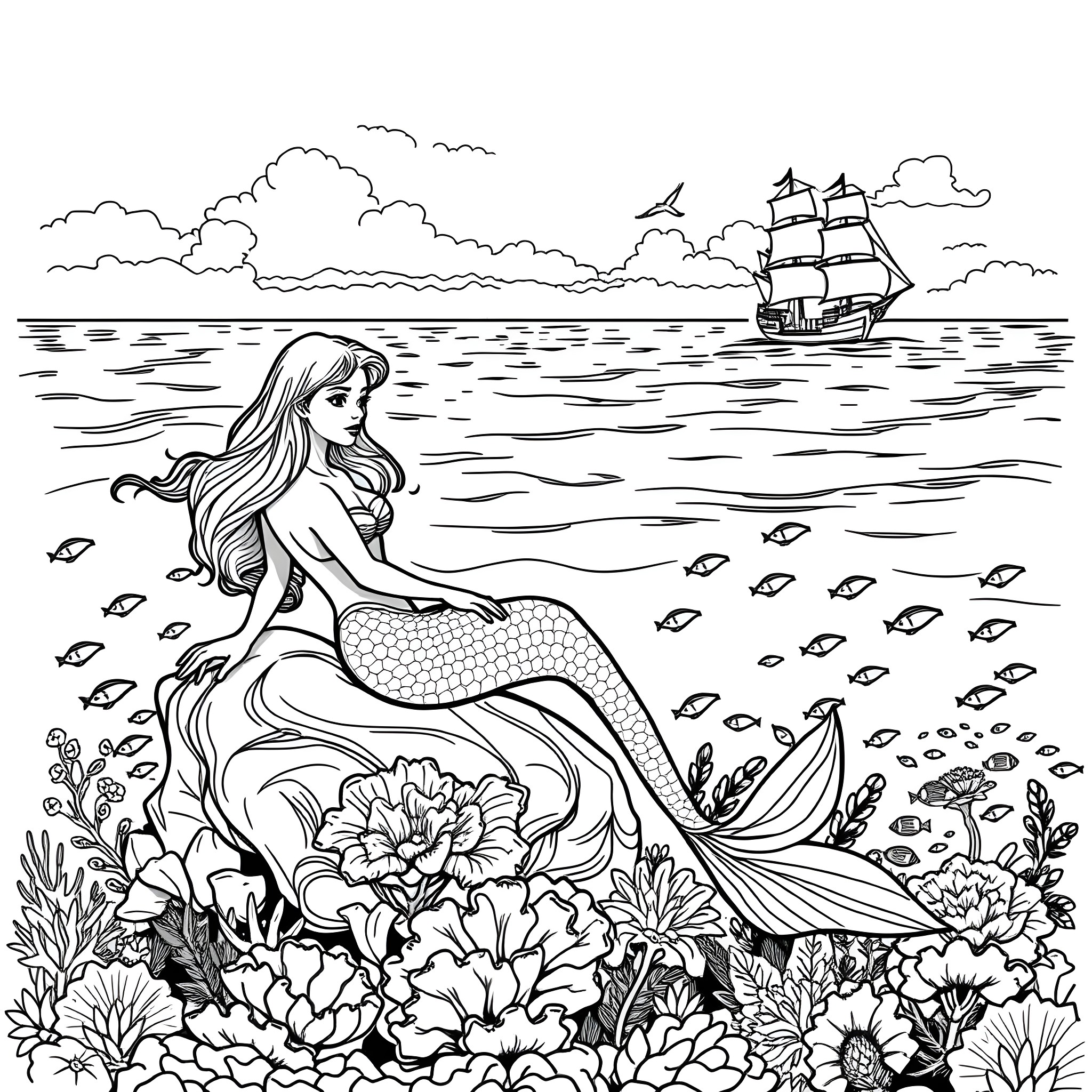 Mermaid relaxing in the sea with a ship in the distance Coloring Page (free black-and-white line drawing printable PDF for all, from beginners to advanced learners, including children, teens, adults, and seniors)